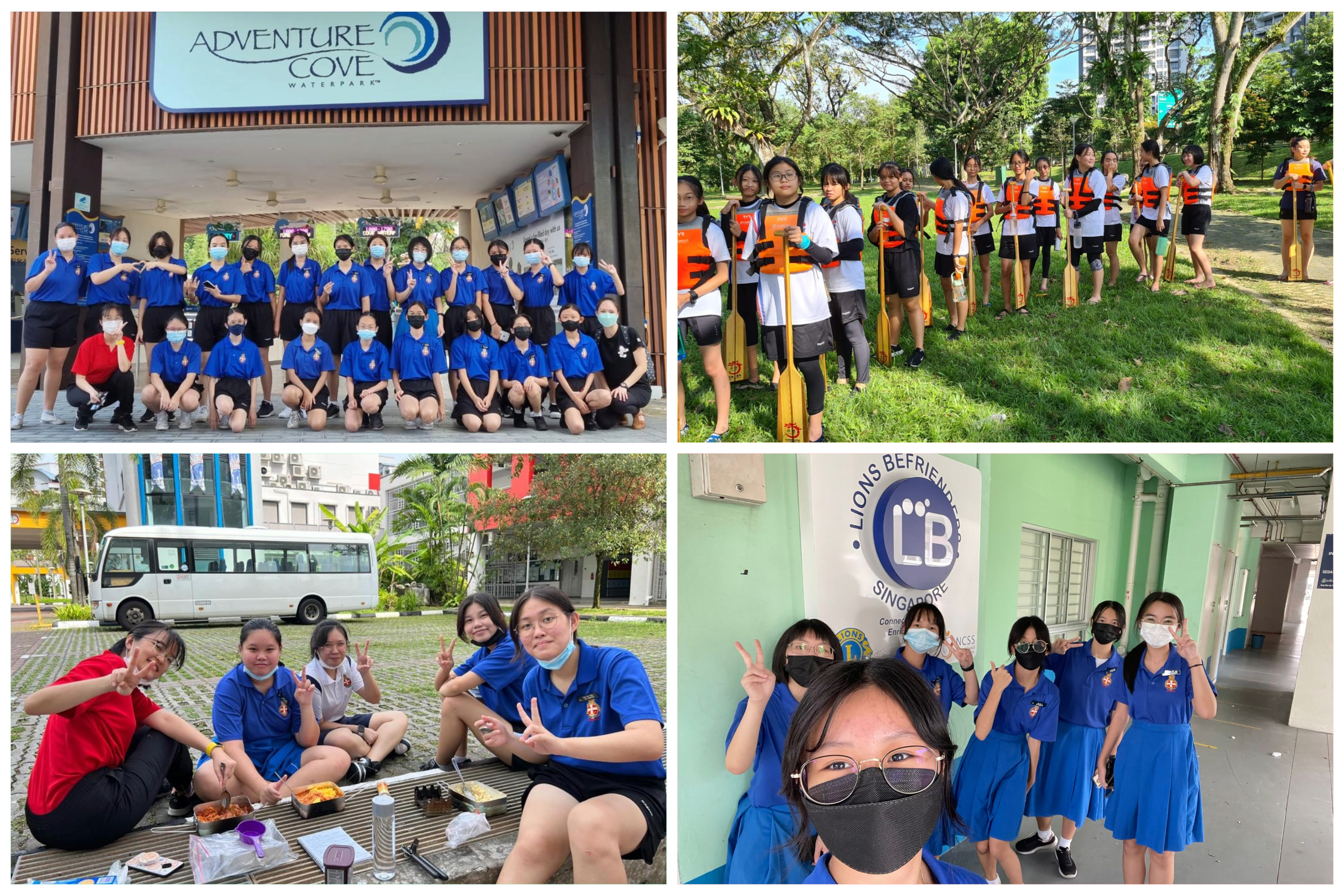 Four photos show a group in blue uniforms at Adventure Cove, paddling, picnicking, and posing indoors.