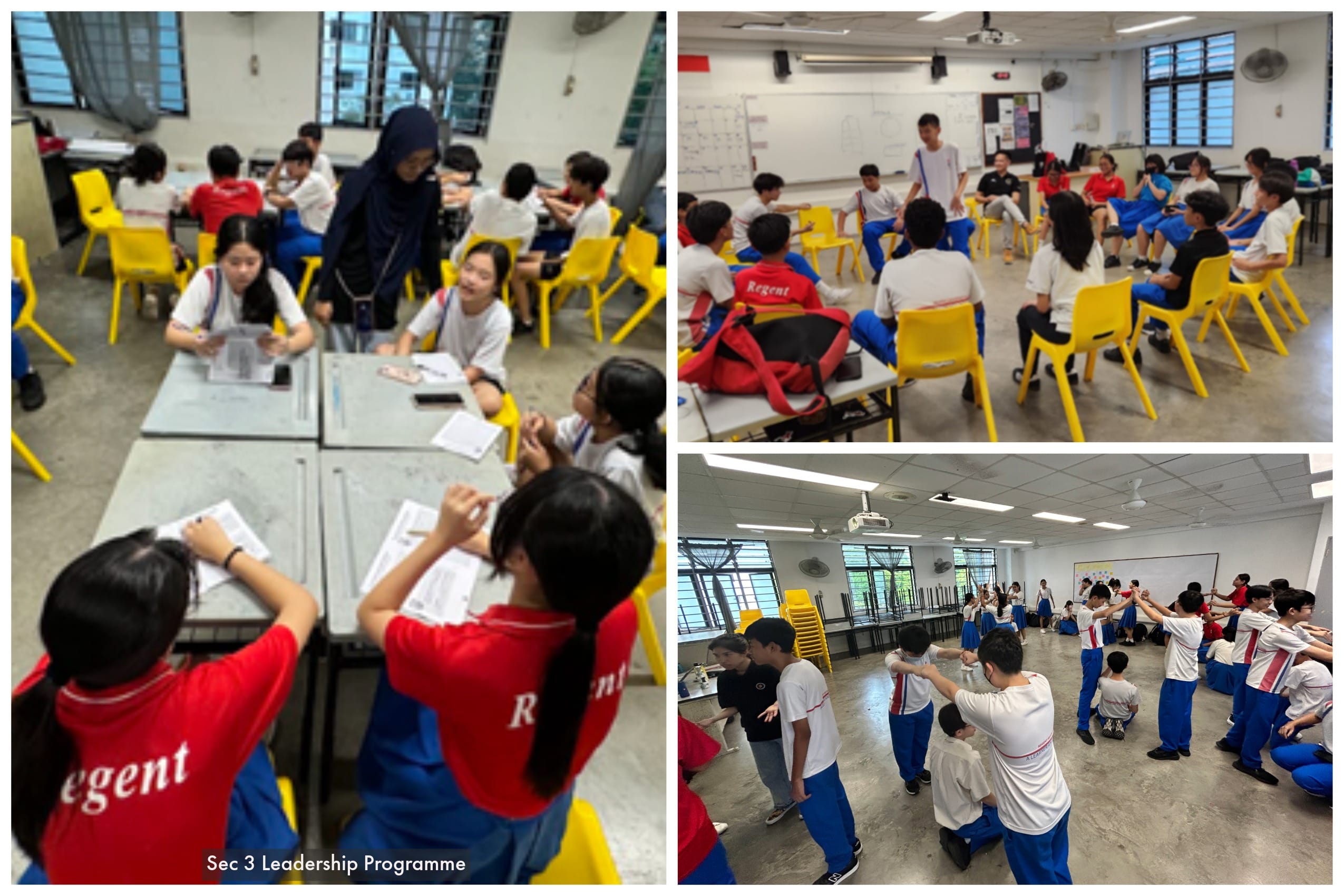Students in school uniforms participate in a leadership programme, doing group discussions and a team activity in classrooms.