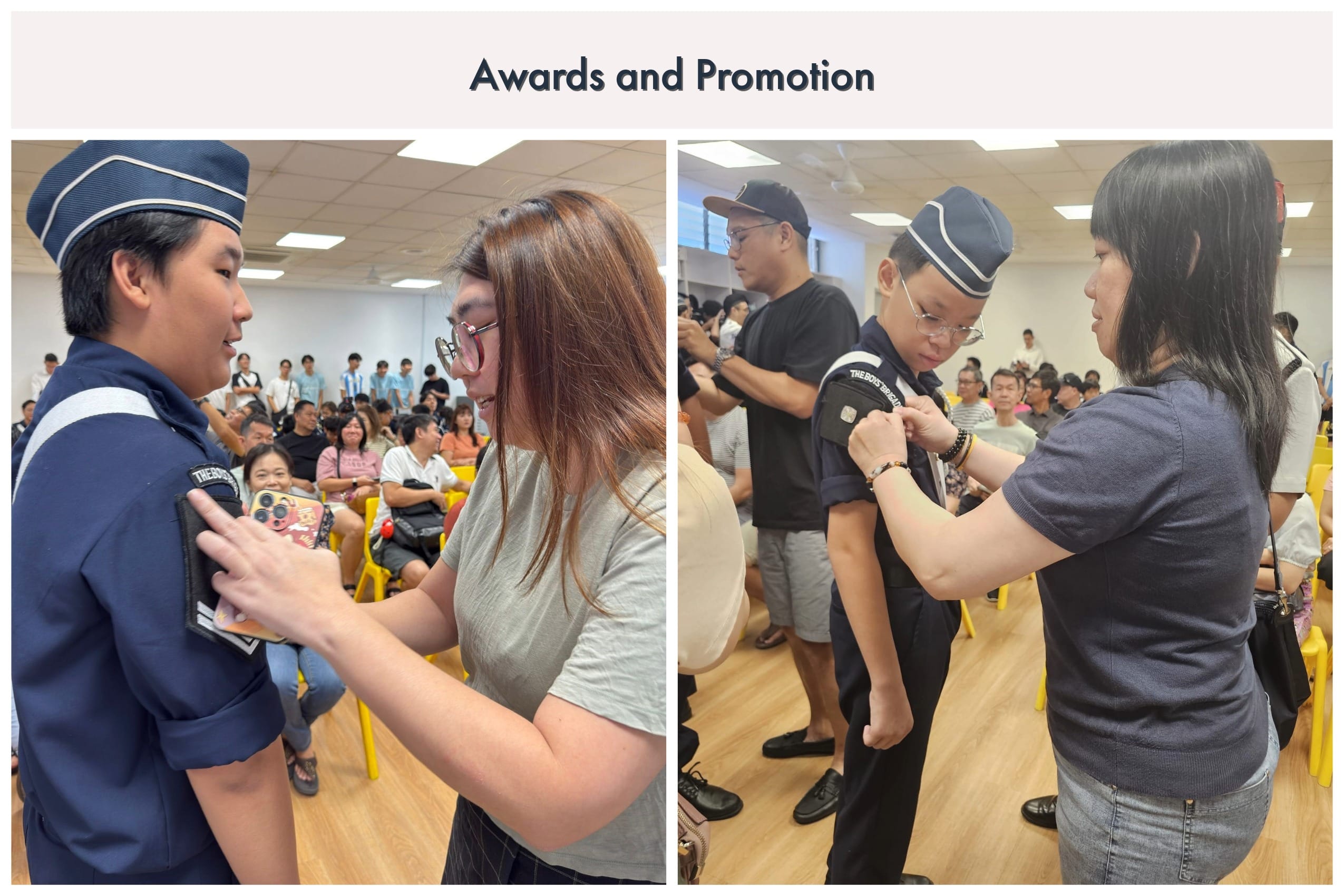 Two uniformed youth receive badges pinned on their shoulders by women during an awards and promotion ceremony.