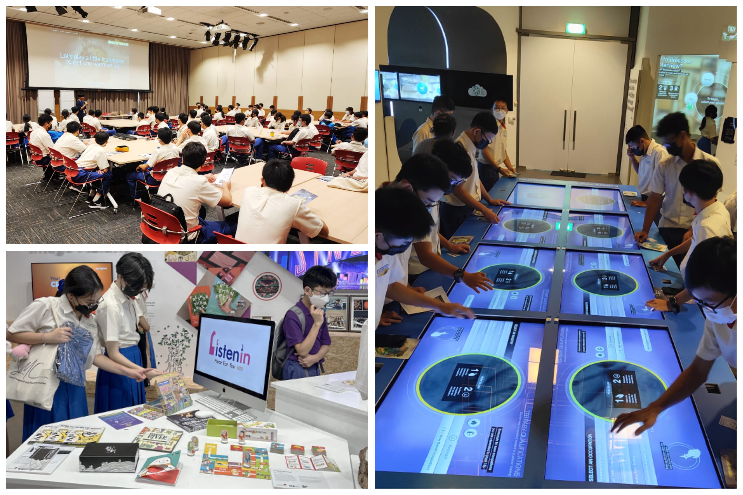Students in uniforms attend a seminar, browse a display booth, and interact with large touchscreen tables.