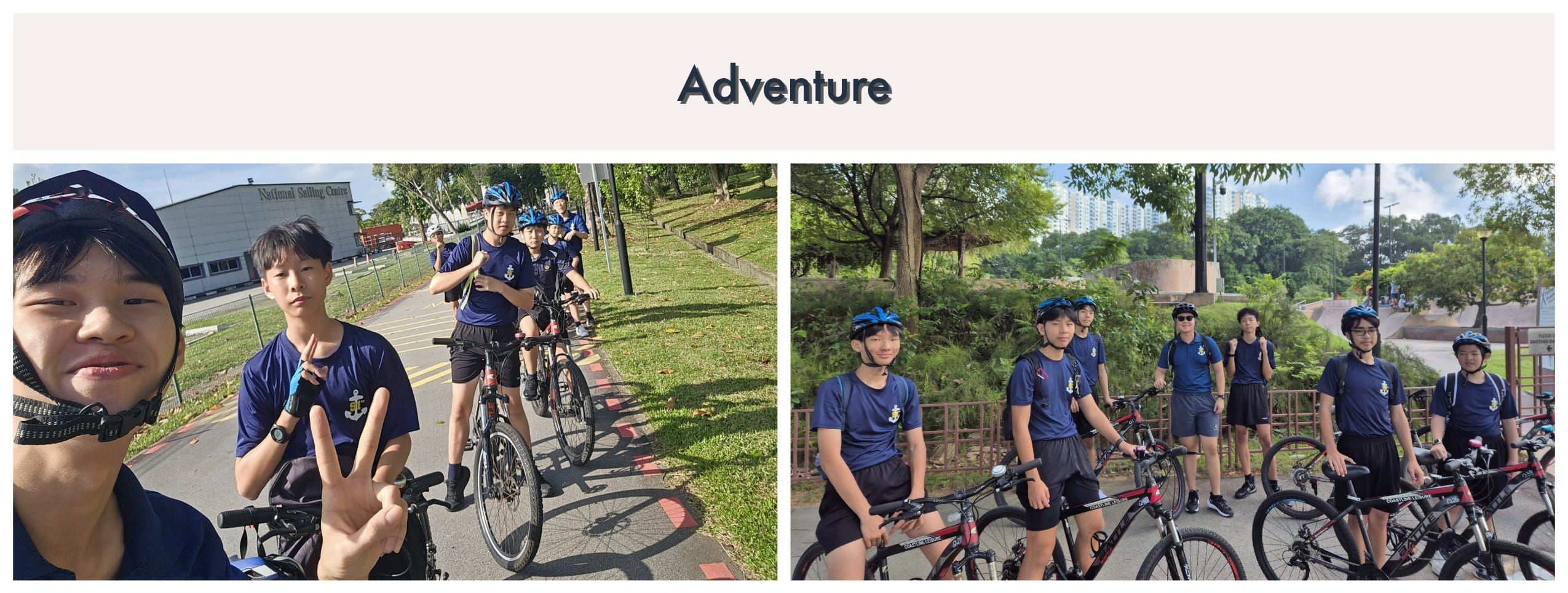 Two photos of young students in blue uniforms and helmets posing with bicycles outdoors on a cycling path.