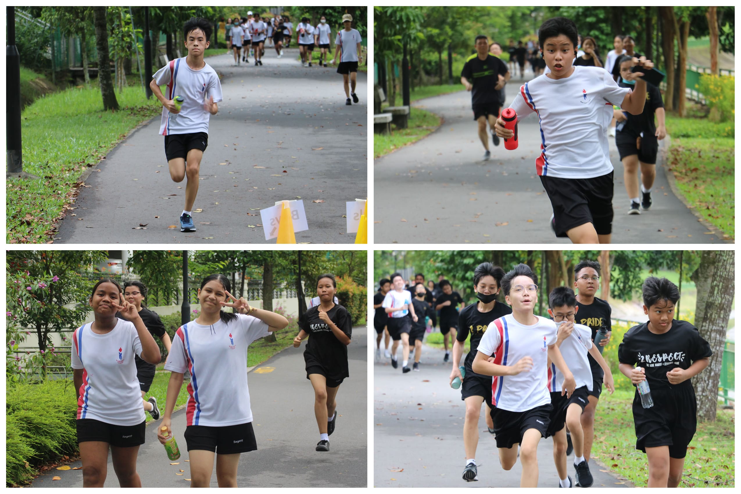 Students in white and black uniforms running and walking on a tree-lined park path during a school race event.
