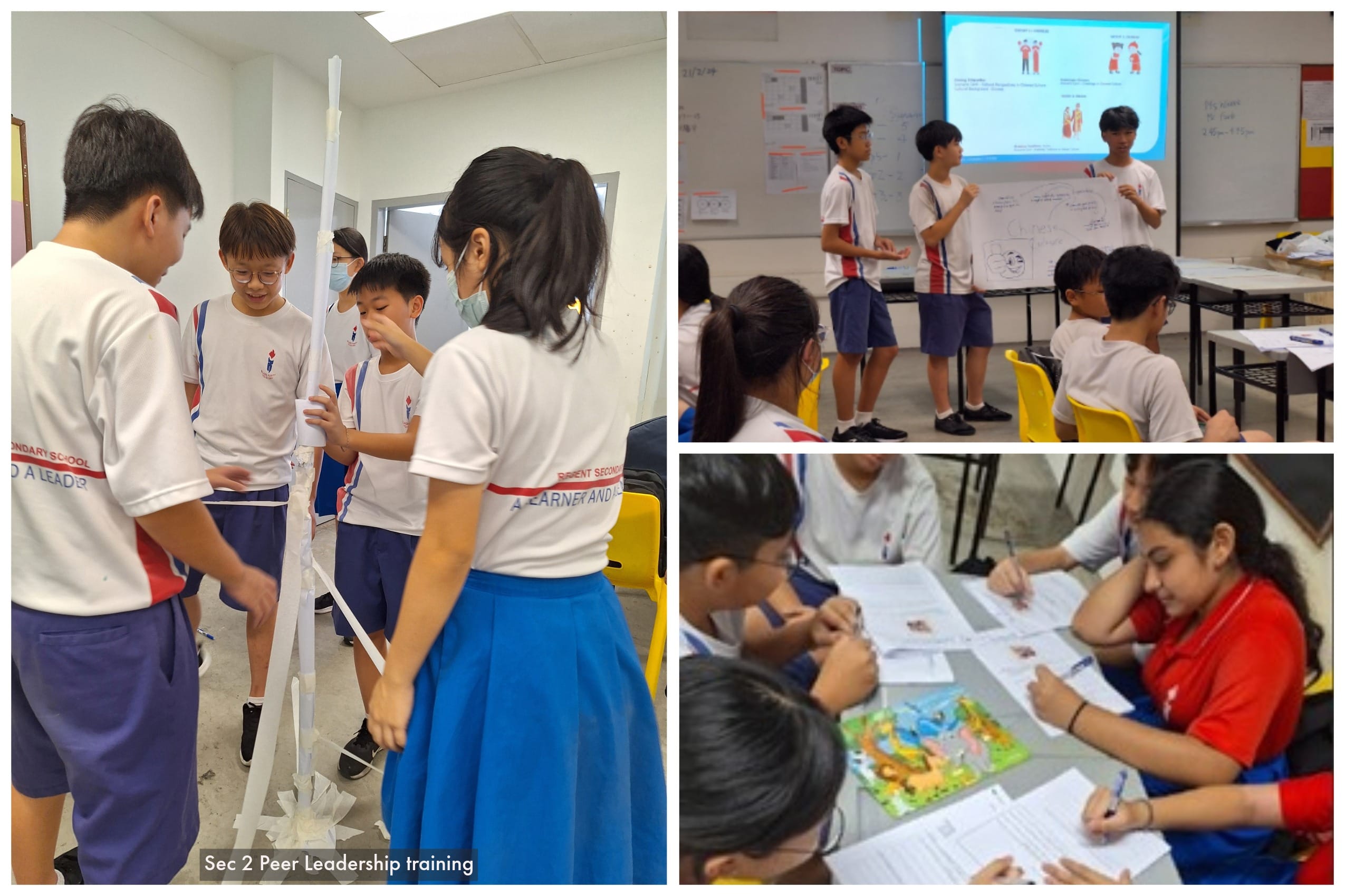 Three scenes of students in school uniforms doing peer leadership training activities including building, presenting, and writing.