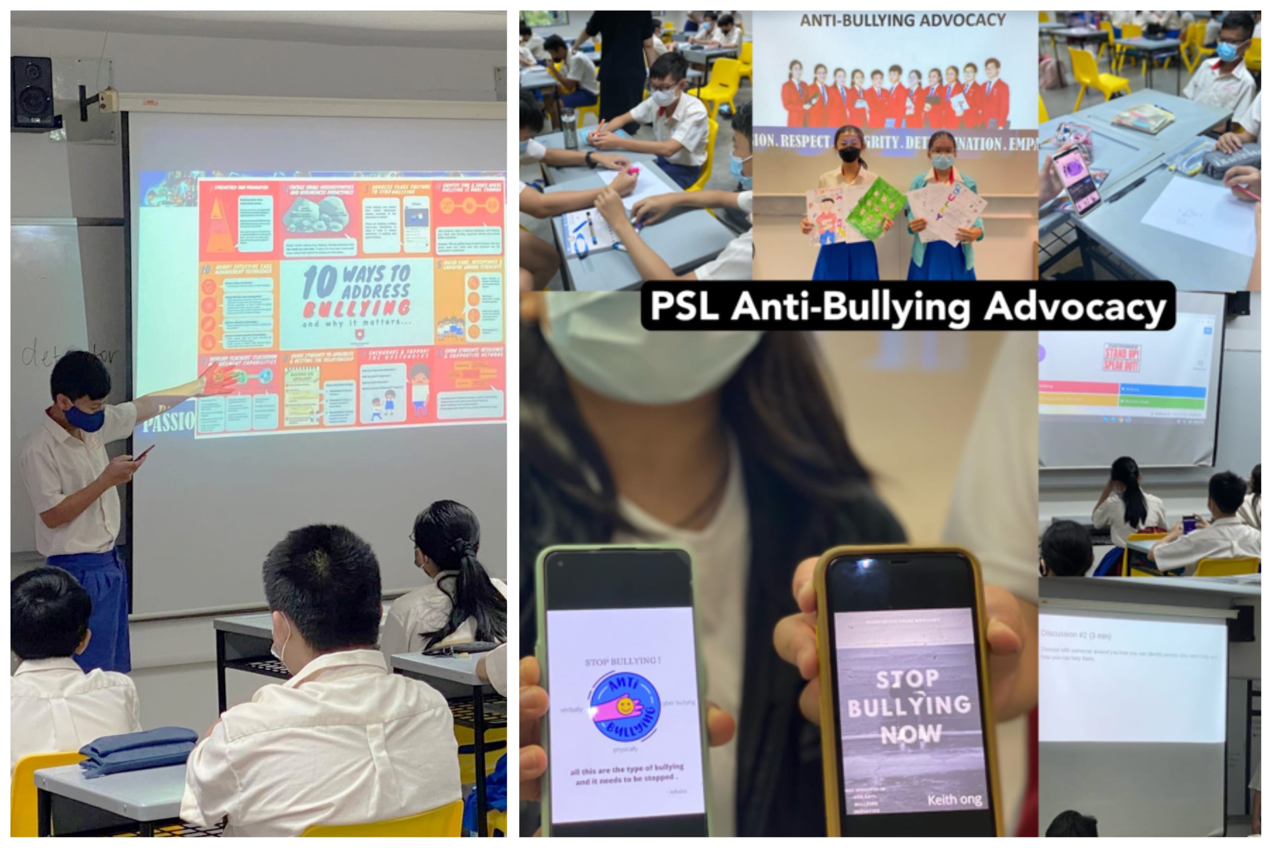 Students present PSL Anti-Bullying Advocacy campaign in classrooms, showing posters and phones with Stop Bullying messages.