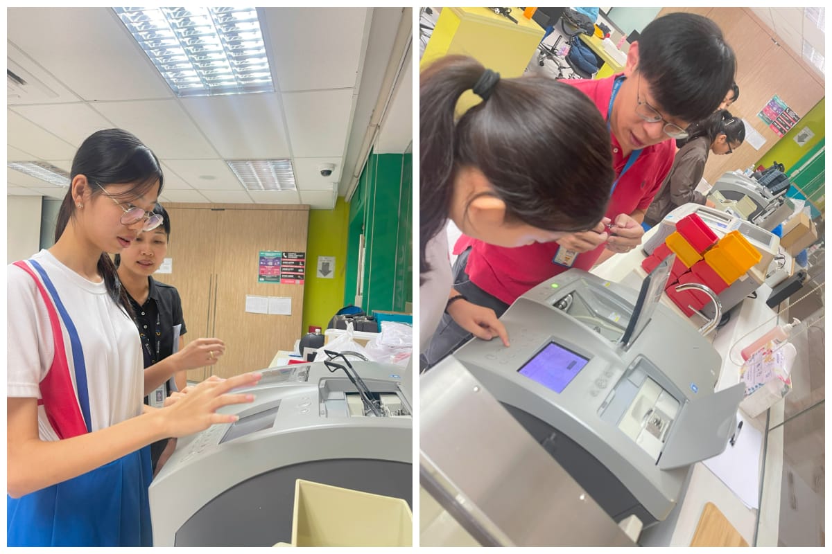 Two scenes of people operating gray electronic machines with screens in an indoor office setting.