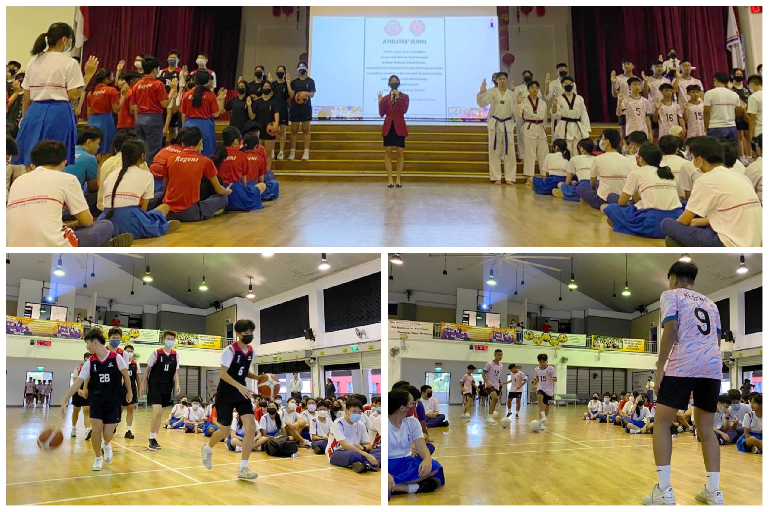Students in a school hall recite an athletes oath, then play basketball and football in an indoor gymnasium.