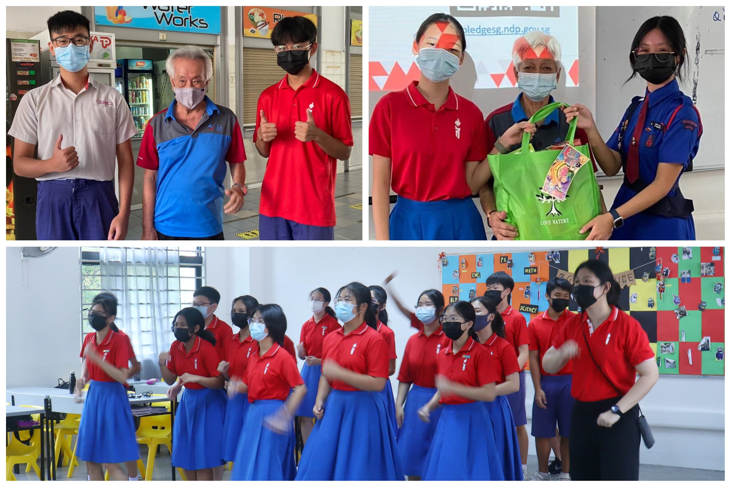 Students in red and blue uniforms wearing masks interact with elderly people and perform a group dance indoors.