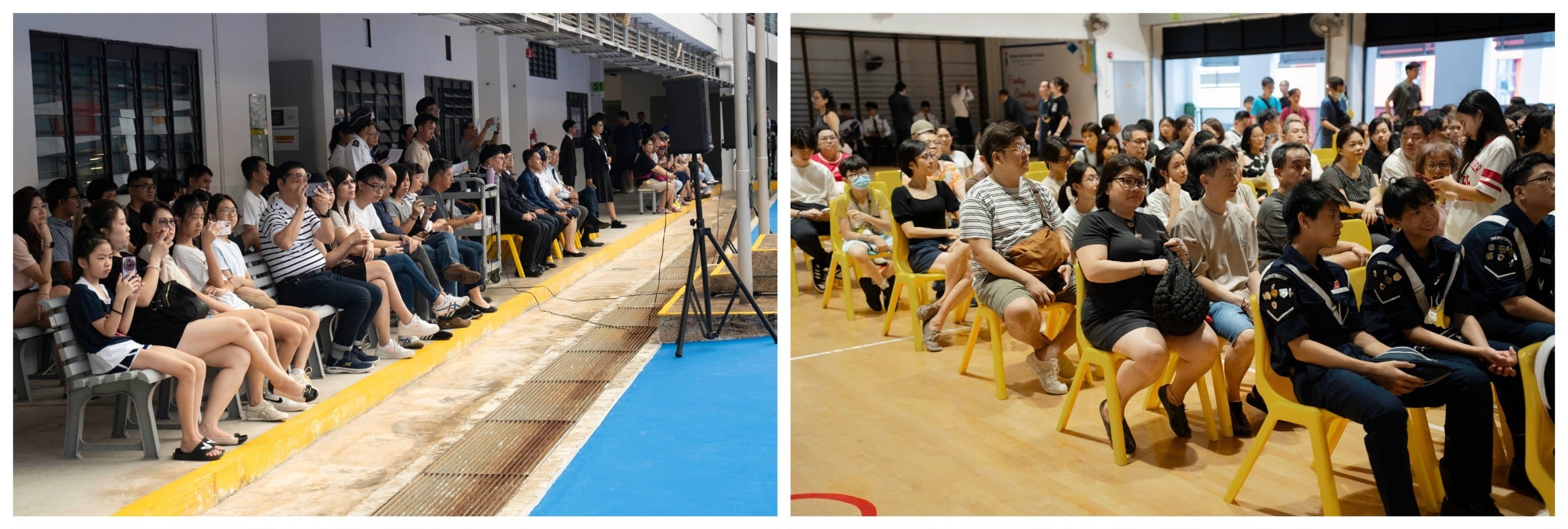 Two crowds of seated people watching an event, one outdoors on benches, one indoors on yellow chairs.