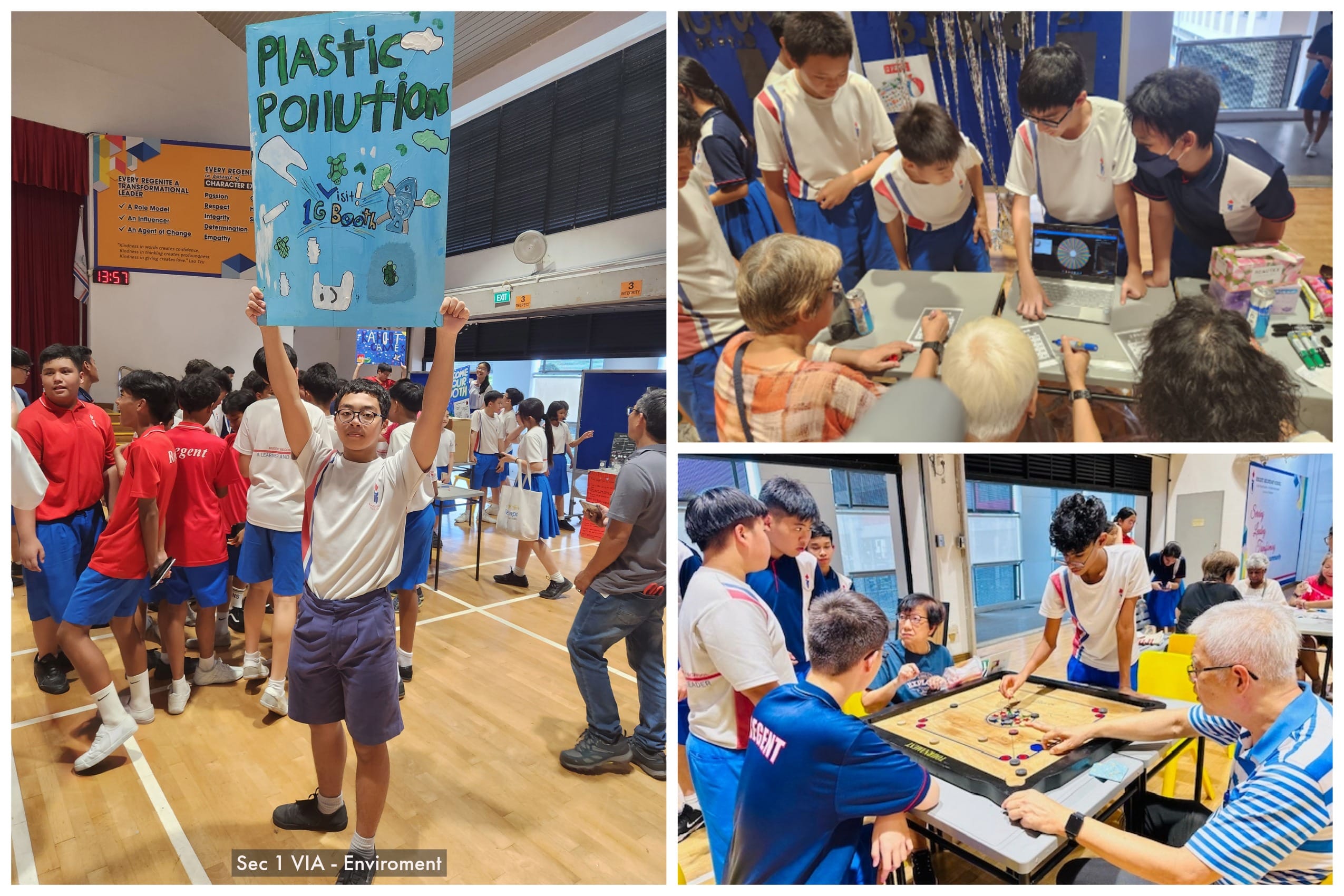 Students at a school event: one holds a plastic pollution sign, others use laptops with elderly, and some play carrom.