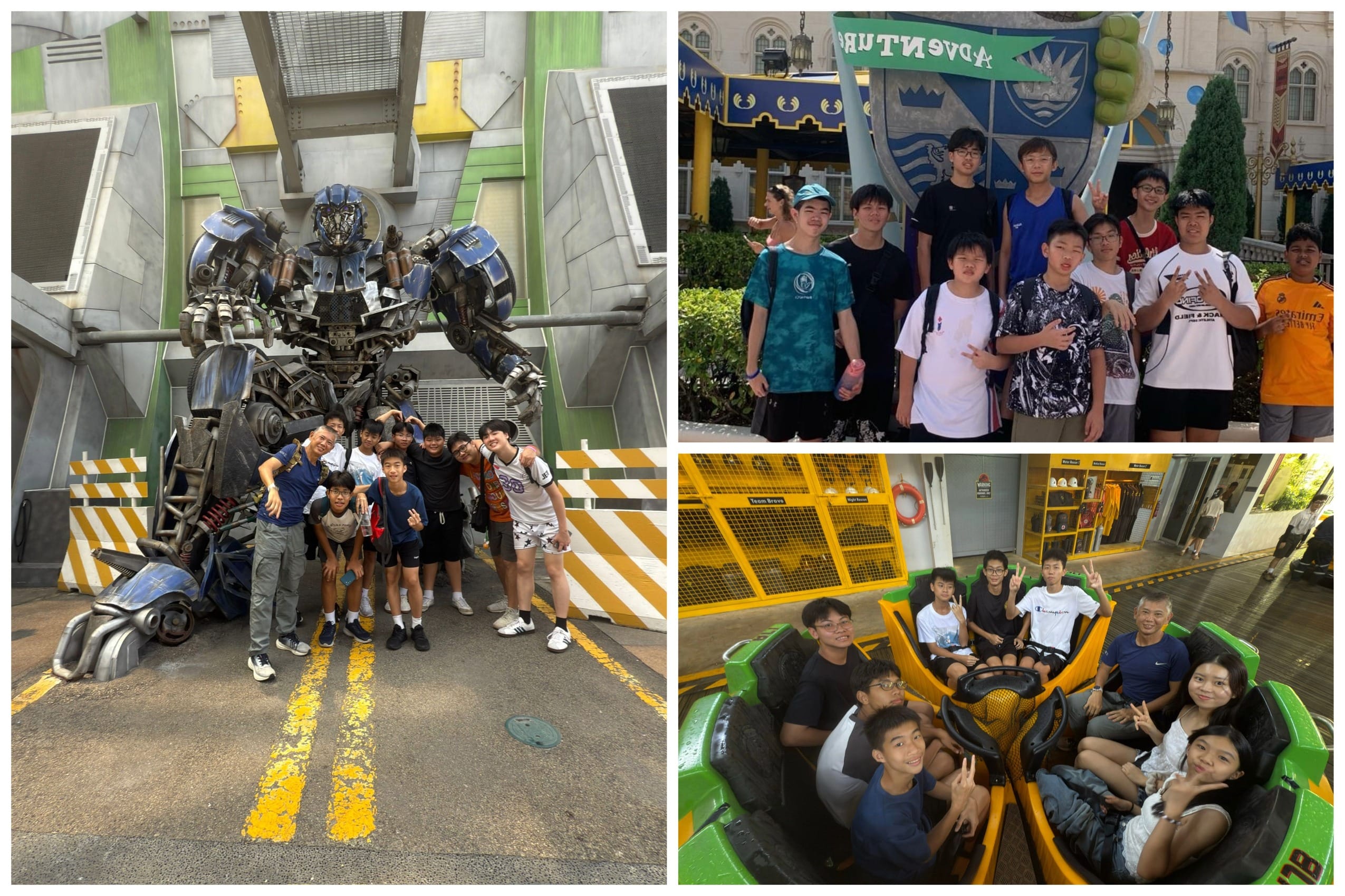 Three photos of a youth group at a theme park, posing with a Transformers statue, near an Adventure sign, and on a ride.