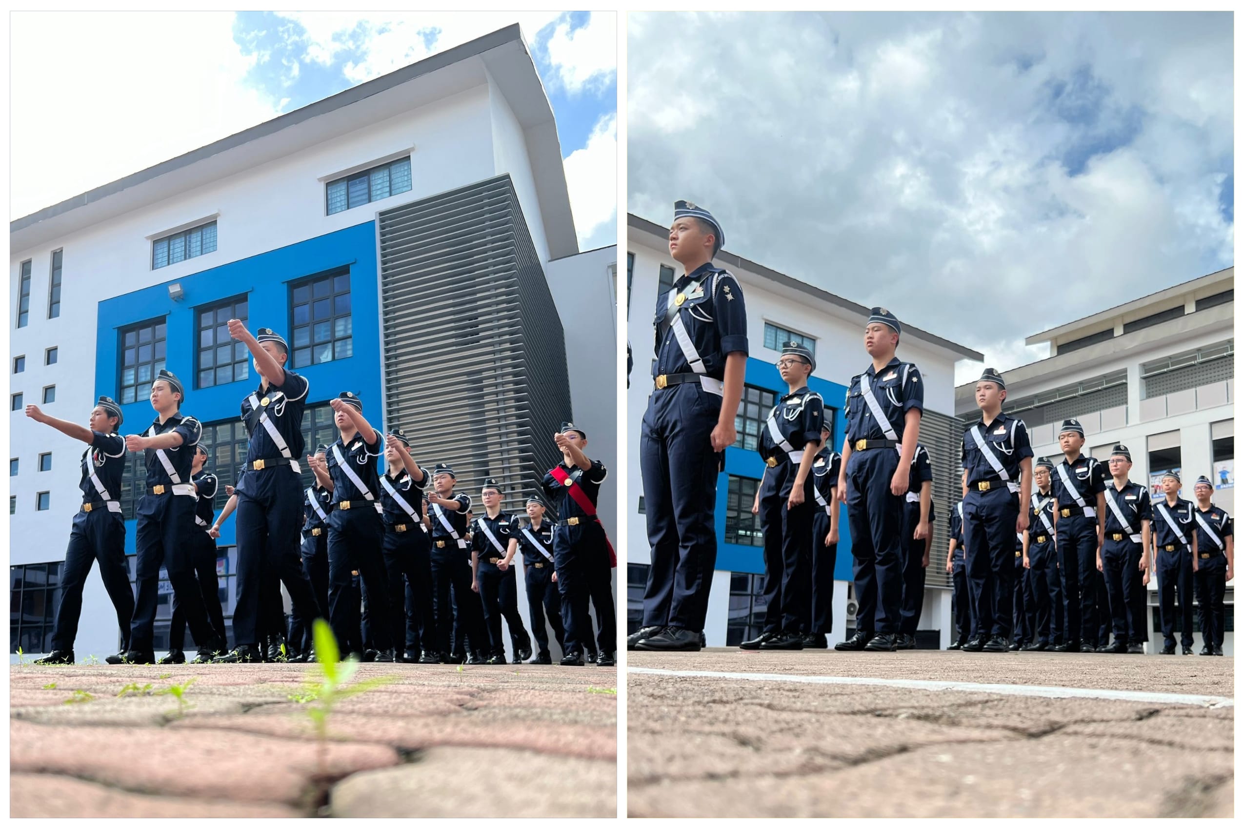 Youth cadets in dark navy uniforms with white sashes march and stand at attention outdoors near a blue and white building.