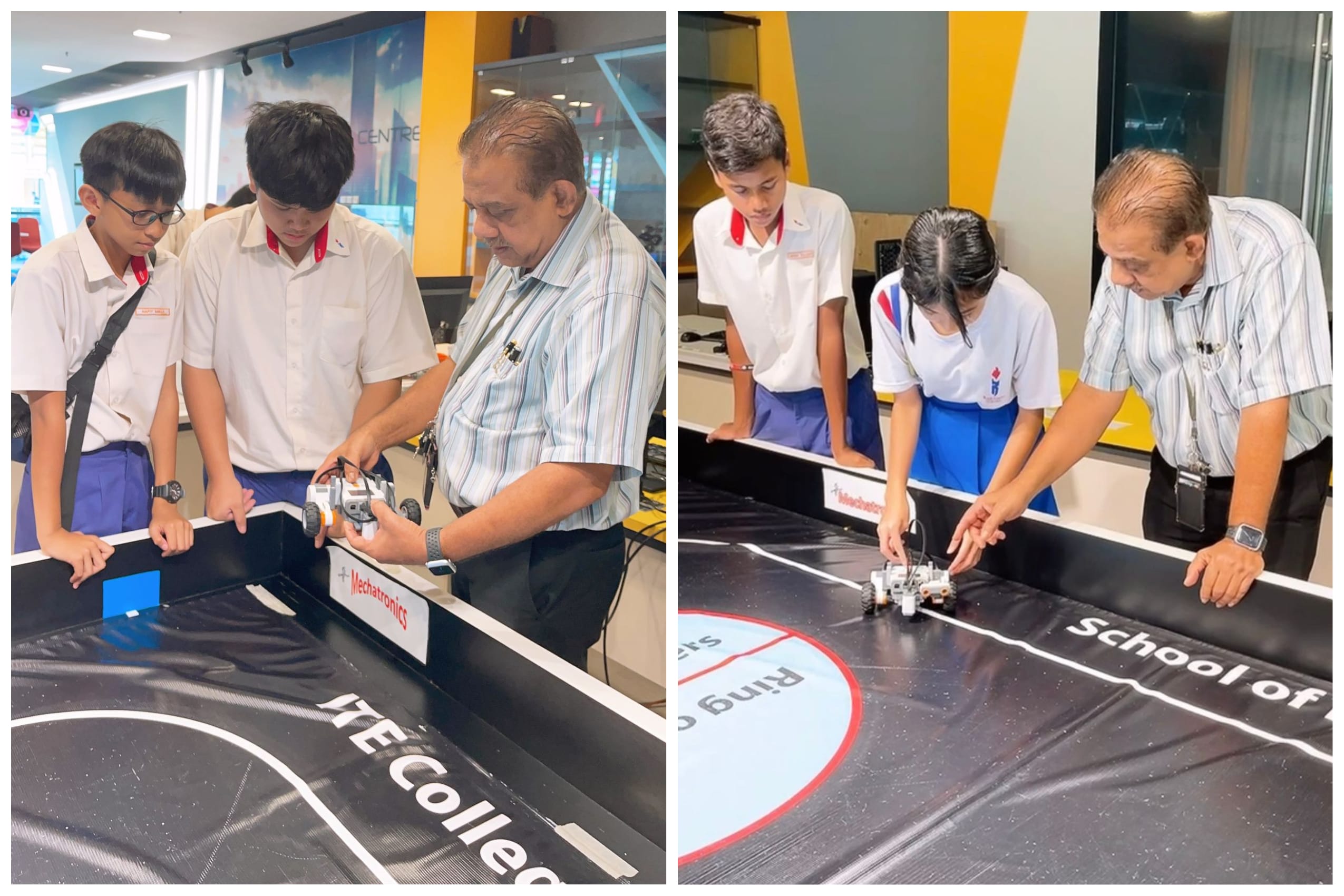 Students and an adult instructor place small robots on a black track mat labeled Mechatronics at ITE College.