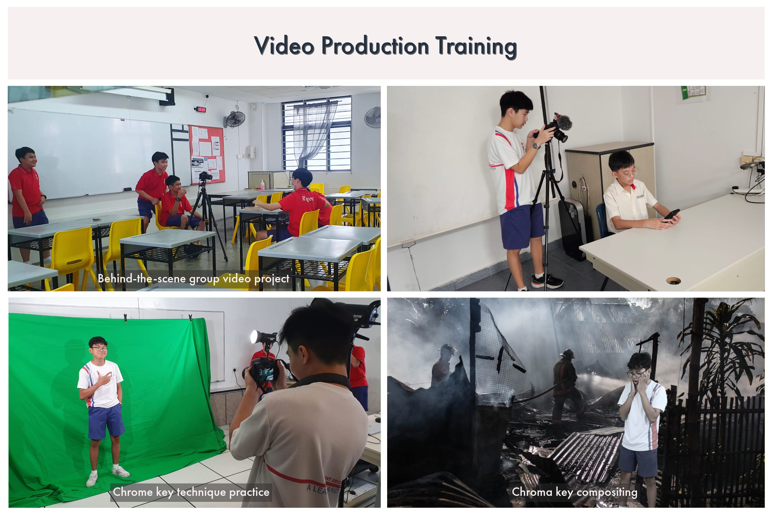 Four photos show students in Video Production Training, including filming, green screen, and chroma key compositing activities.