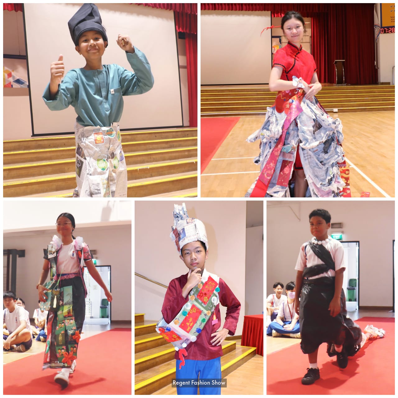 Five children model creative outfits made from recycled materials at the Regent Fashion Show in a school hall.