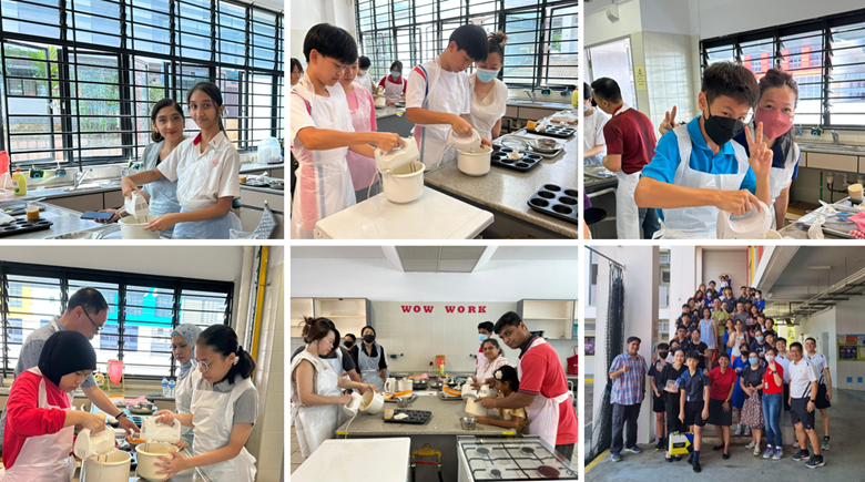 Students in aprons baking together in a kitchen classroom, with a large group photo on the right.