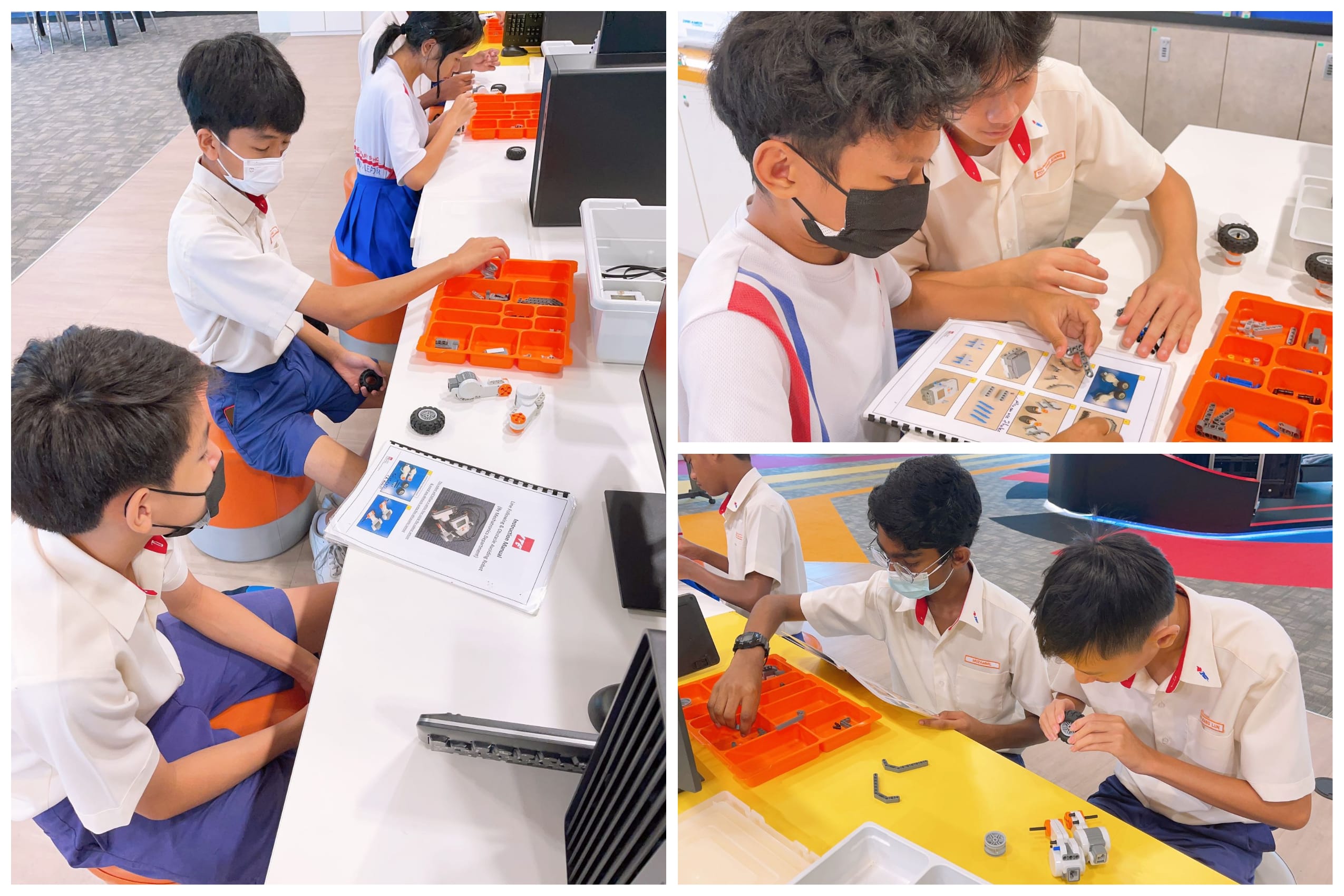 Students in school uniforms and face masks work together assembling robotics kits using orange parts trays and instruction manuals.
