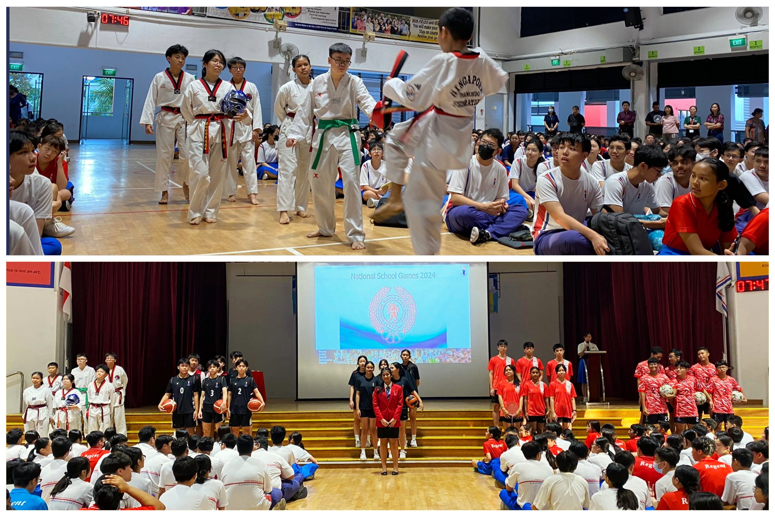 Students in taekwondo uniforms demonstrate kicks in a school hall, and below, teams gather for National School Games 2024.