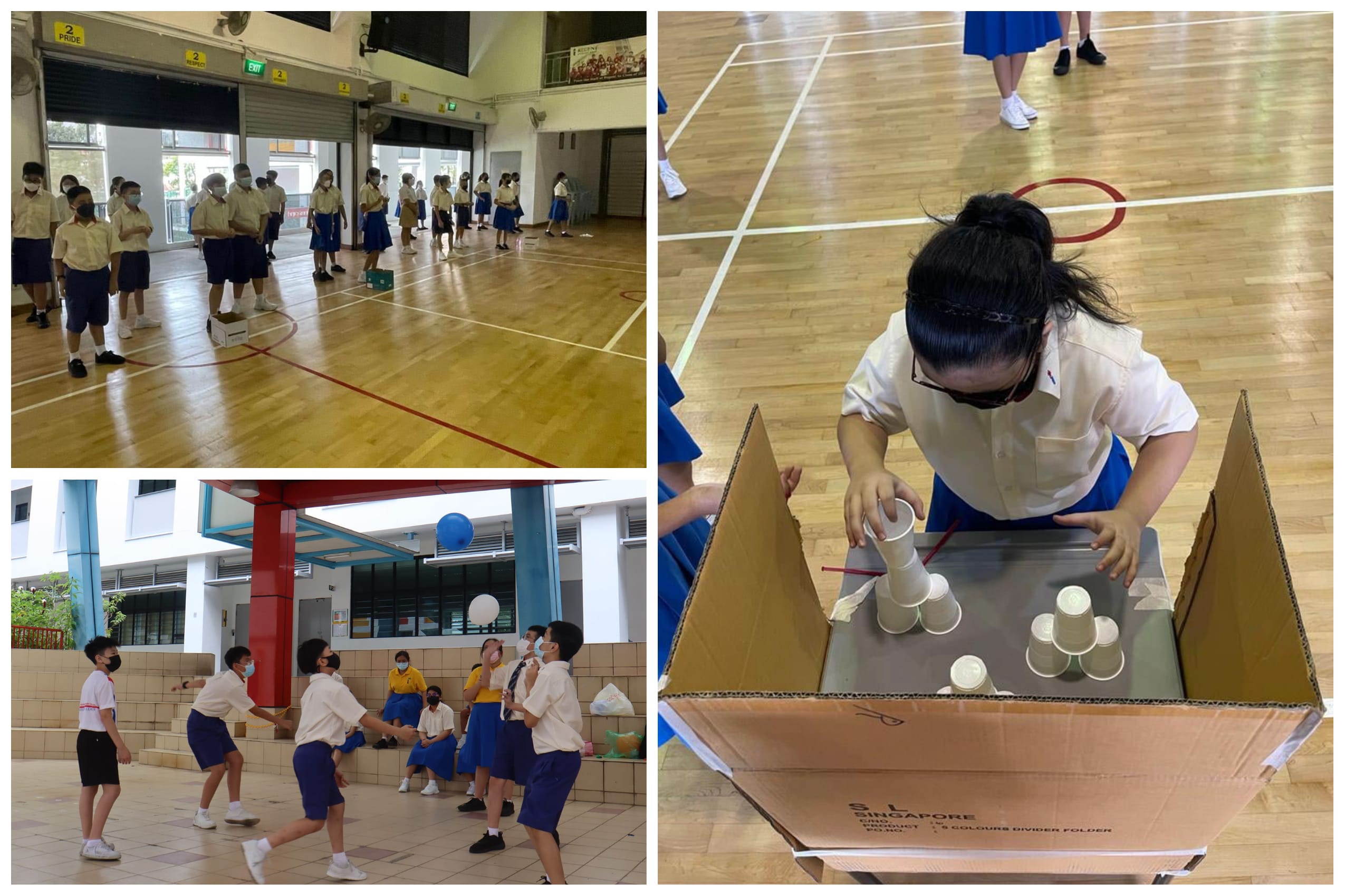 Students in school uniforms participate in indoor activities including stacking cups and group games in a gymnasium.