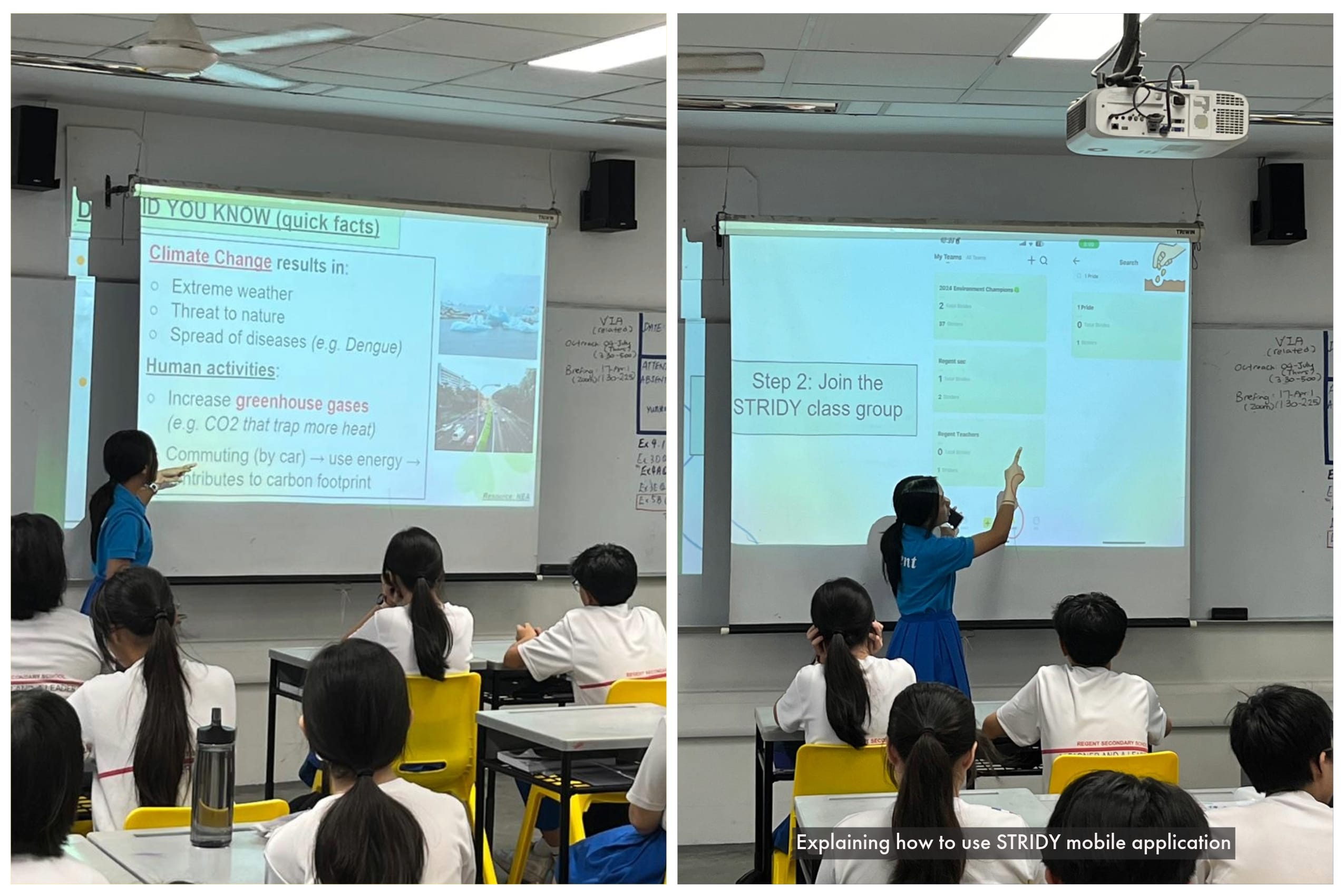 Two classroom scenes showing a student presenting climate change facts and explaining the STRIDY app to seated pupils.