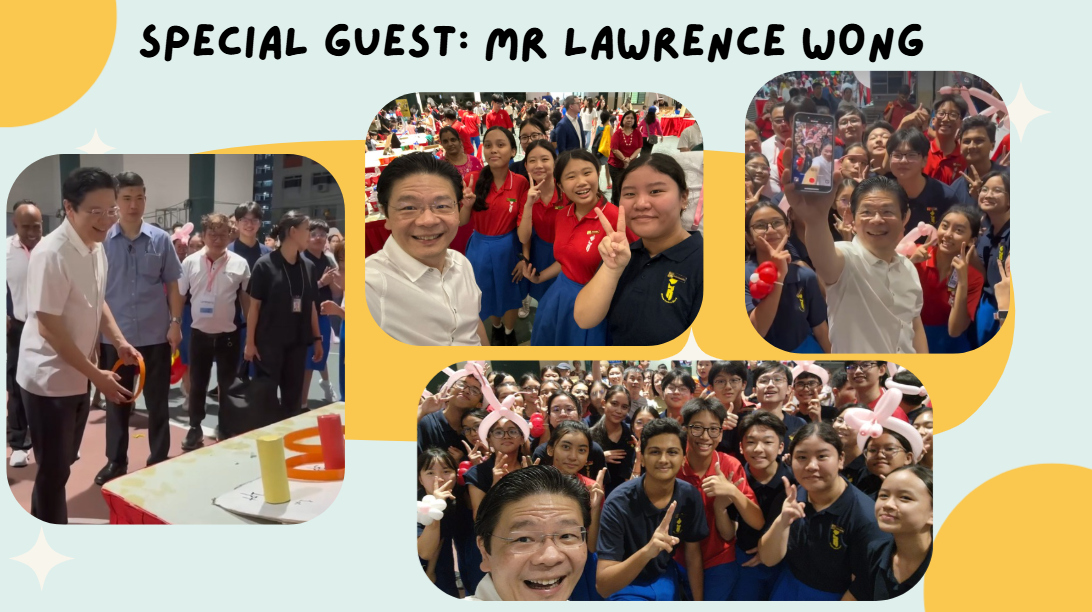 Collage of Mr Lawrence Wong posing and taking selfies with groups of smiling students at a school event.