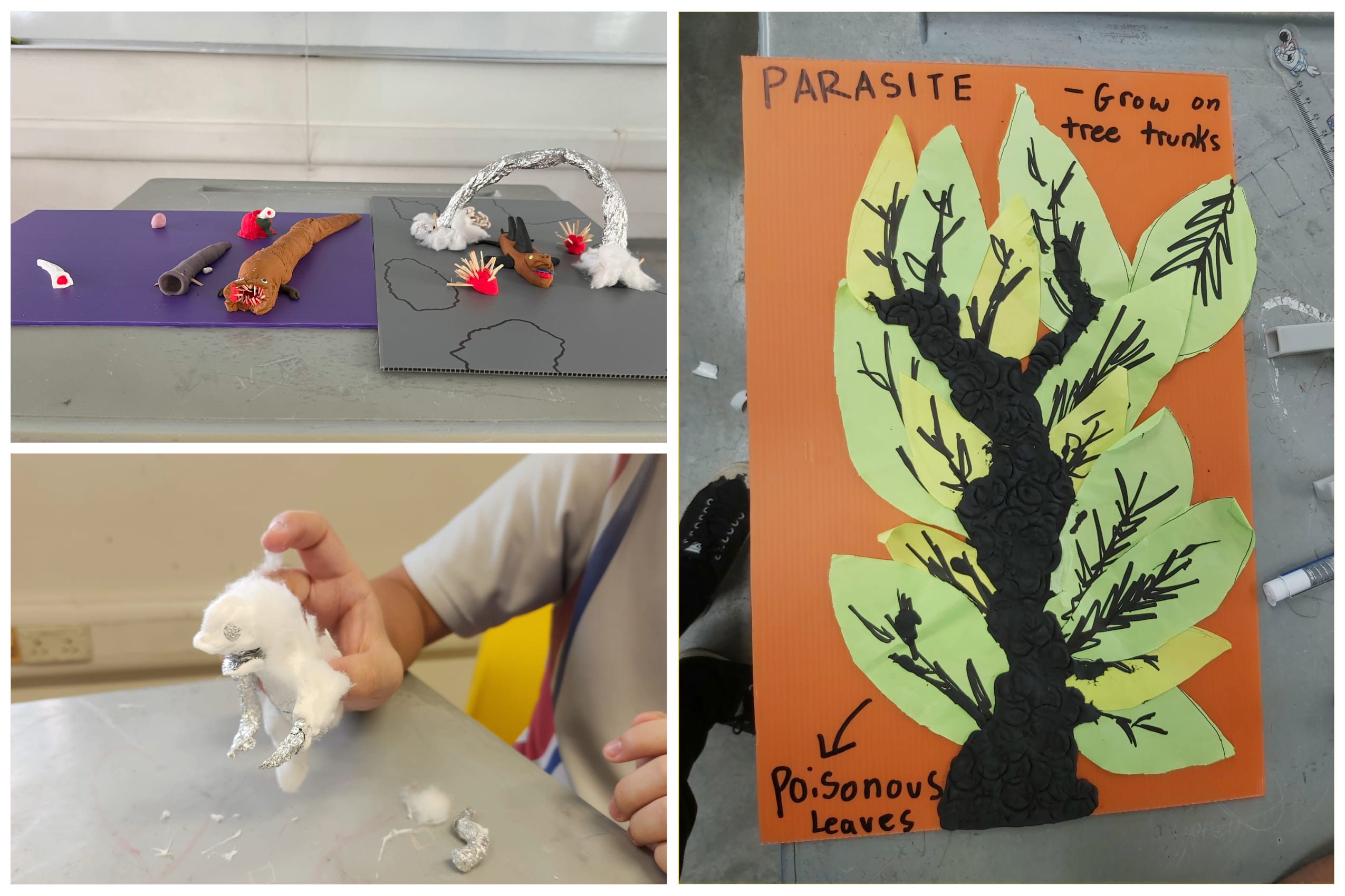 Student craft projects showing clay creatures, a handmade animal figure, and a parasite poster with a black tree on orange cardboard.