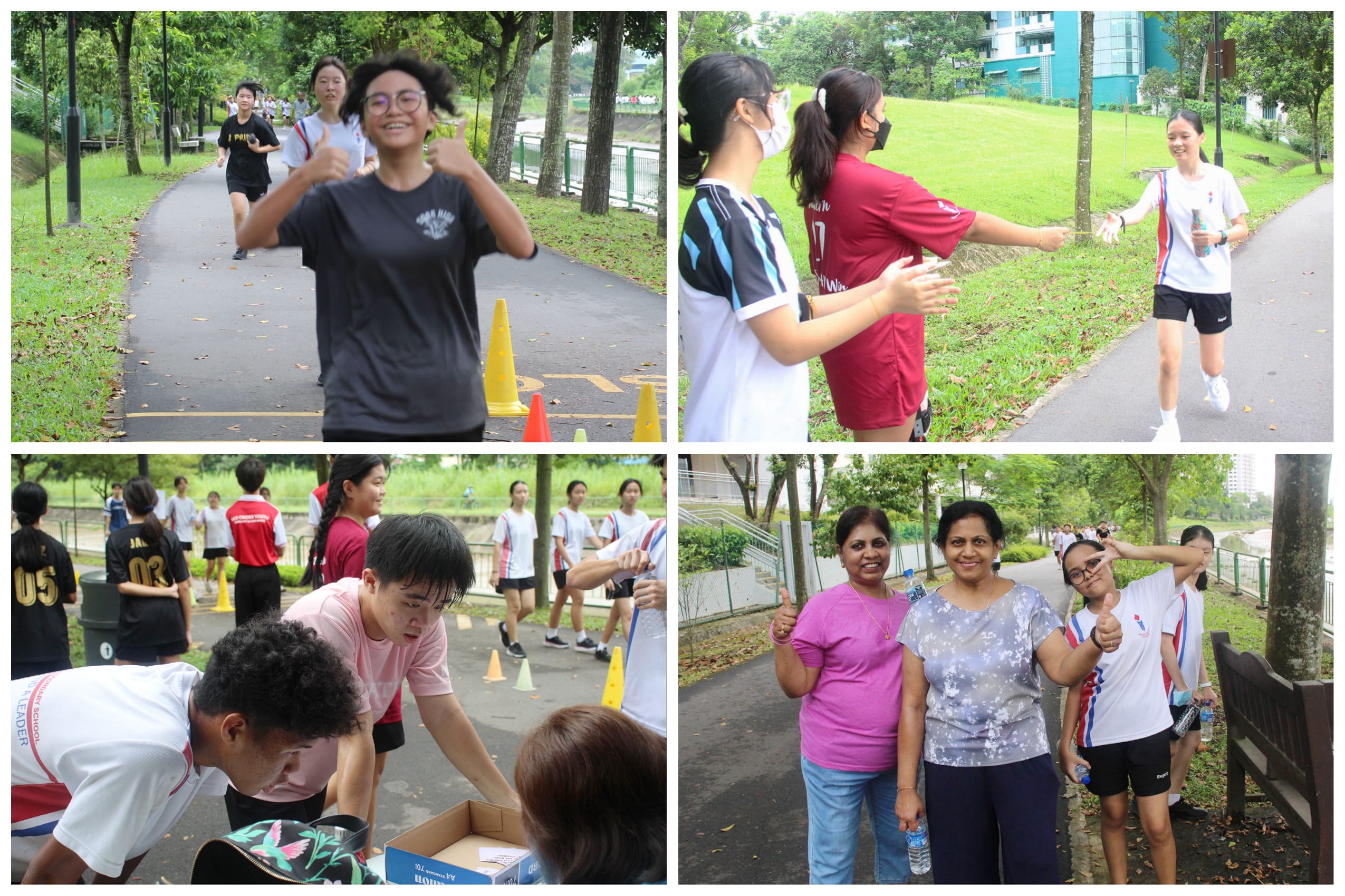 Four-panel collage of runners on a park path, helpers offering water, and two women posing with thumbs up.