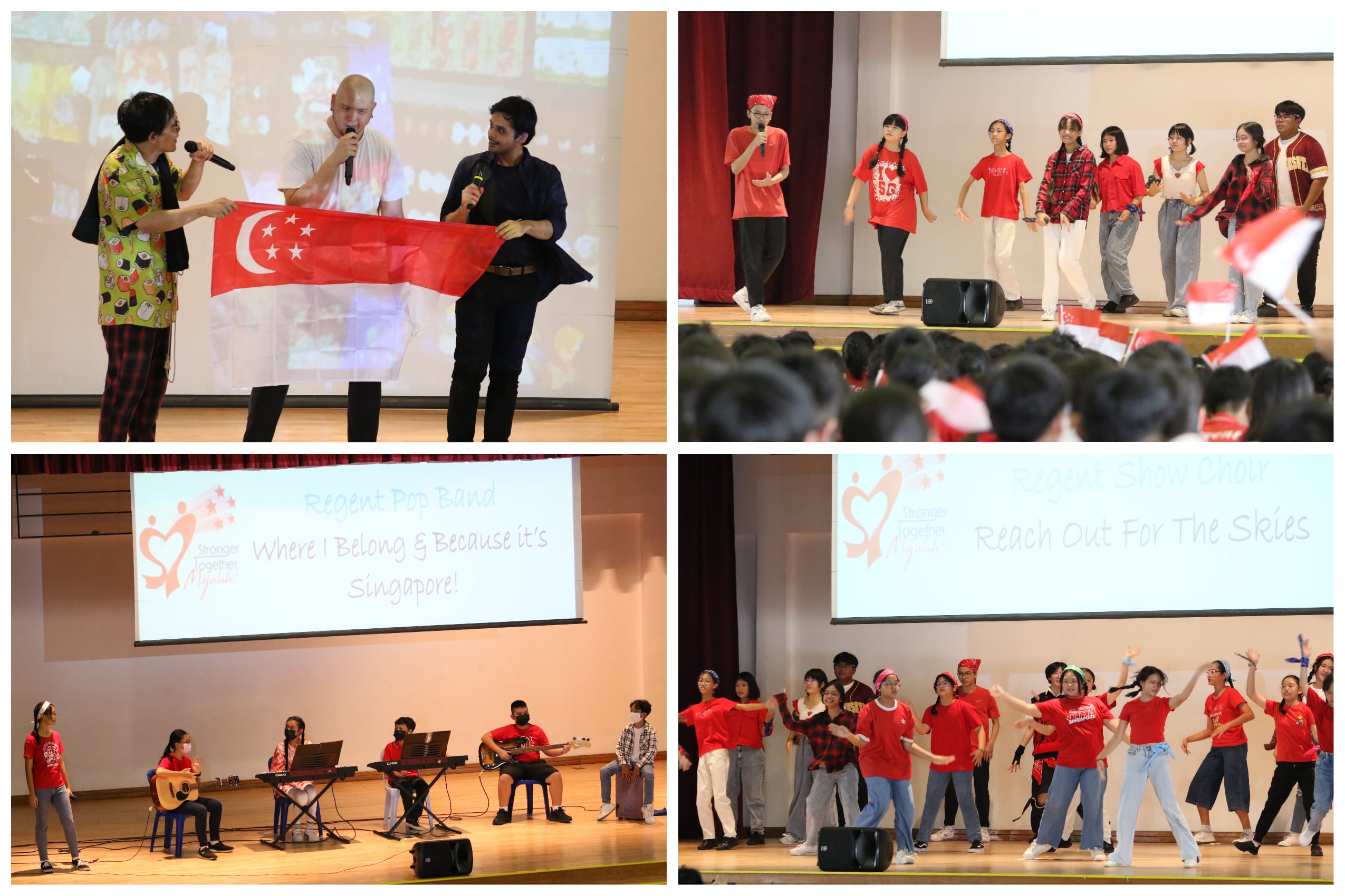 Collage of stage performances: singers, dancers, and band in red outfits; Singapore flag held in one scene.