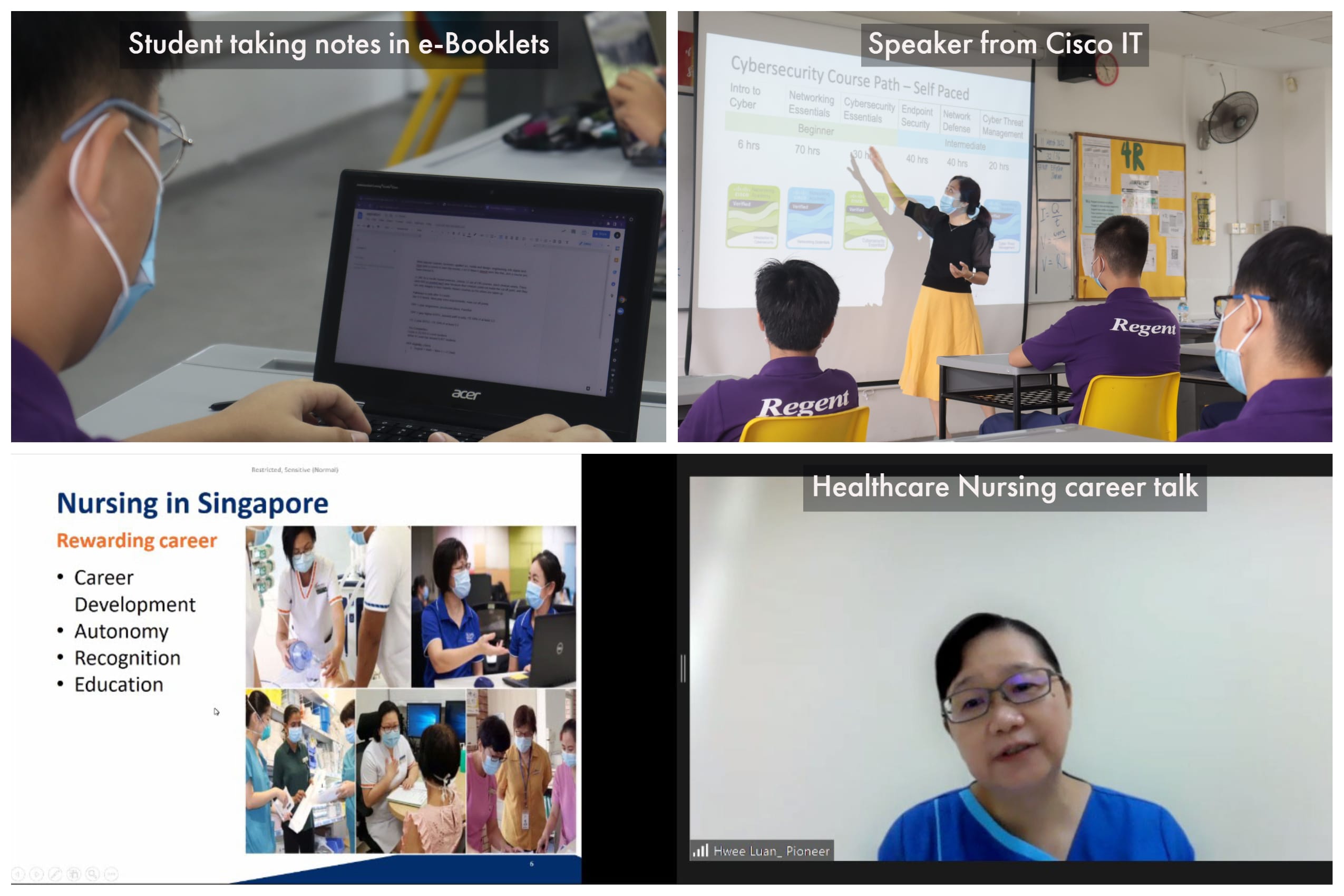 Four panels showing a student on a laptop, a Cisco IT speaker presenting, a nursing slide, and a virtual career talk.