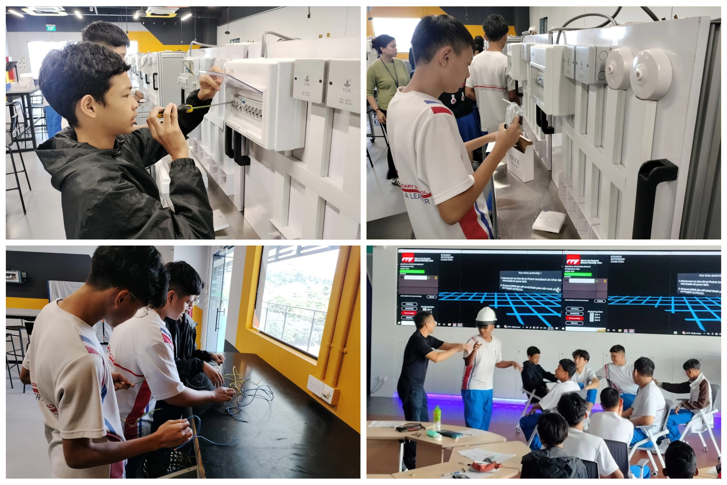 Four photos of students doing electrical training: working on panels, handling wires, and attending a classroom session with screens.