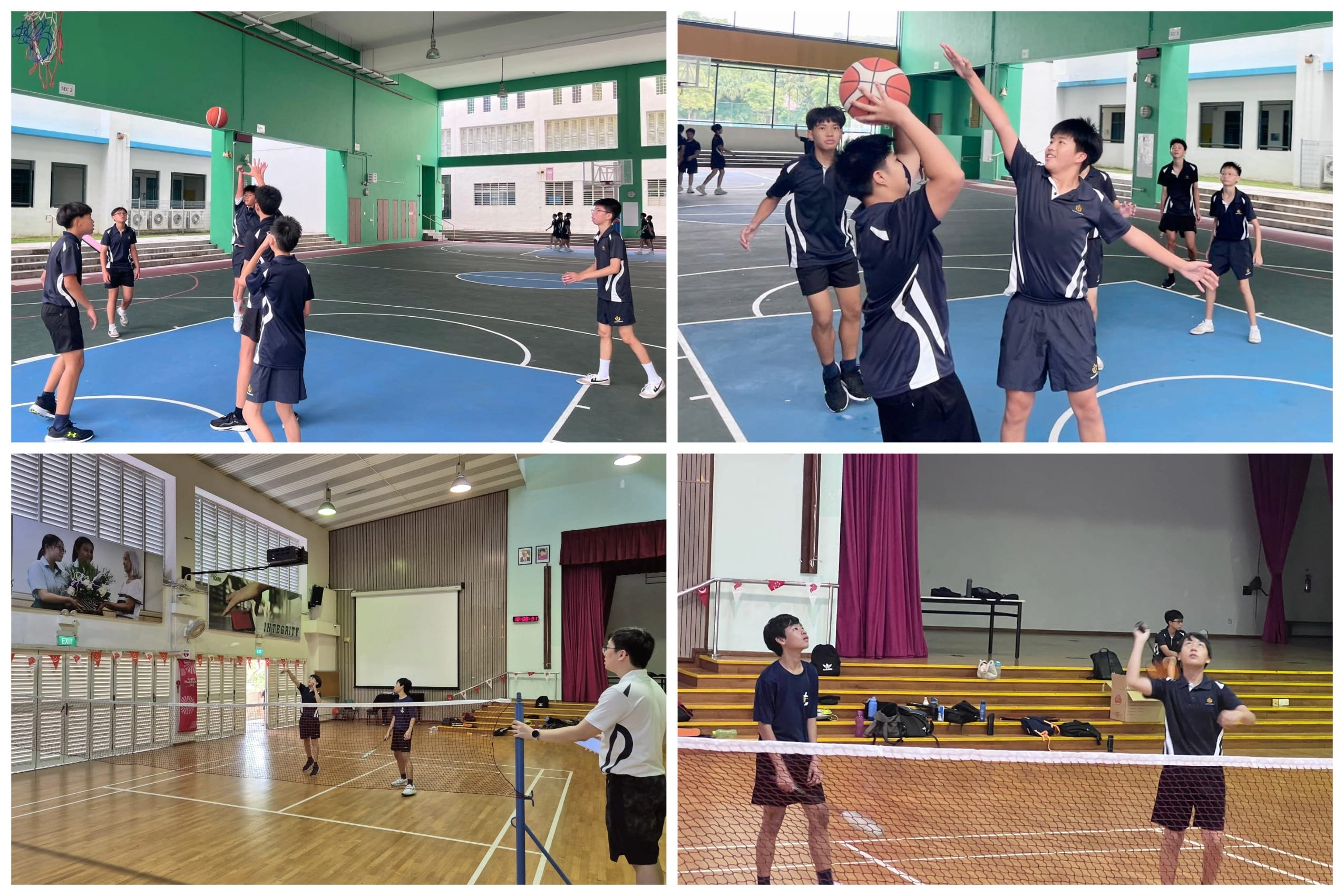 Four photos of school students playing basketball on an outdoor court and badminton inside a hall.