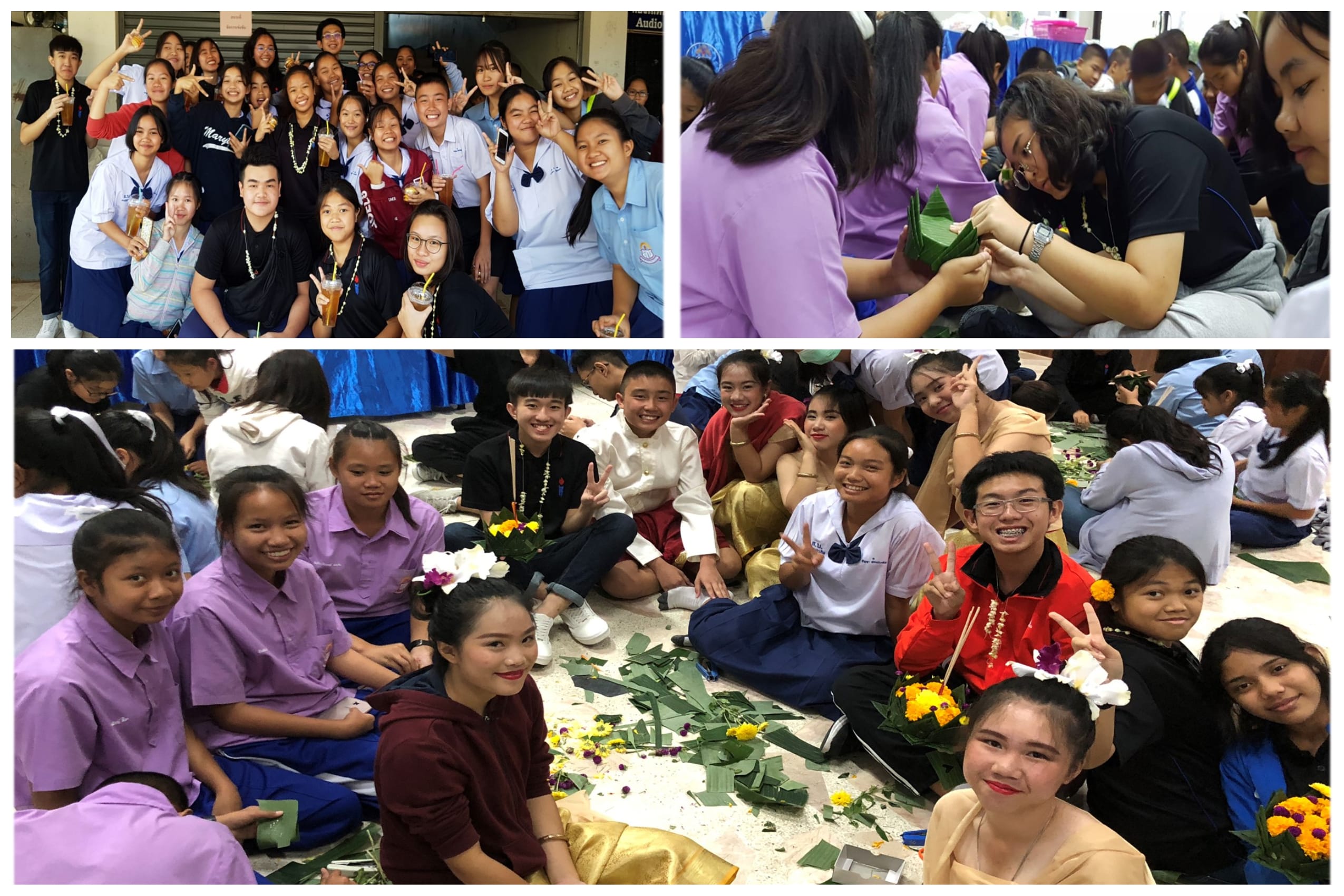 Students in uniforms smile and pose, some sitting on the floor crafting floral and leaf decorations together.