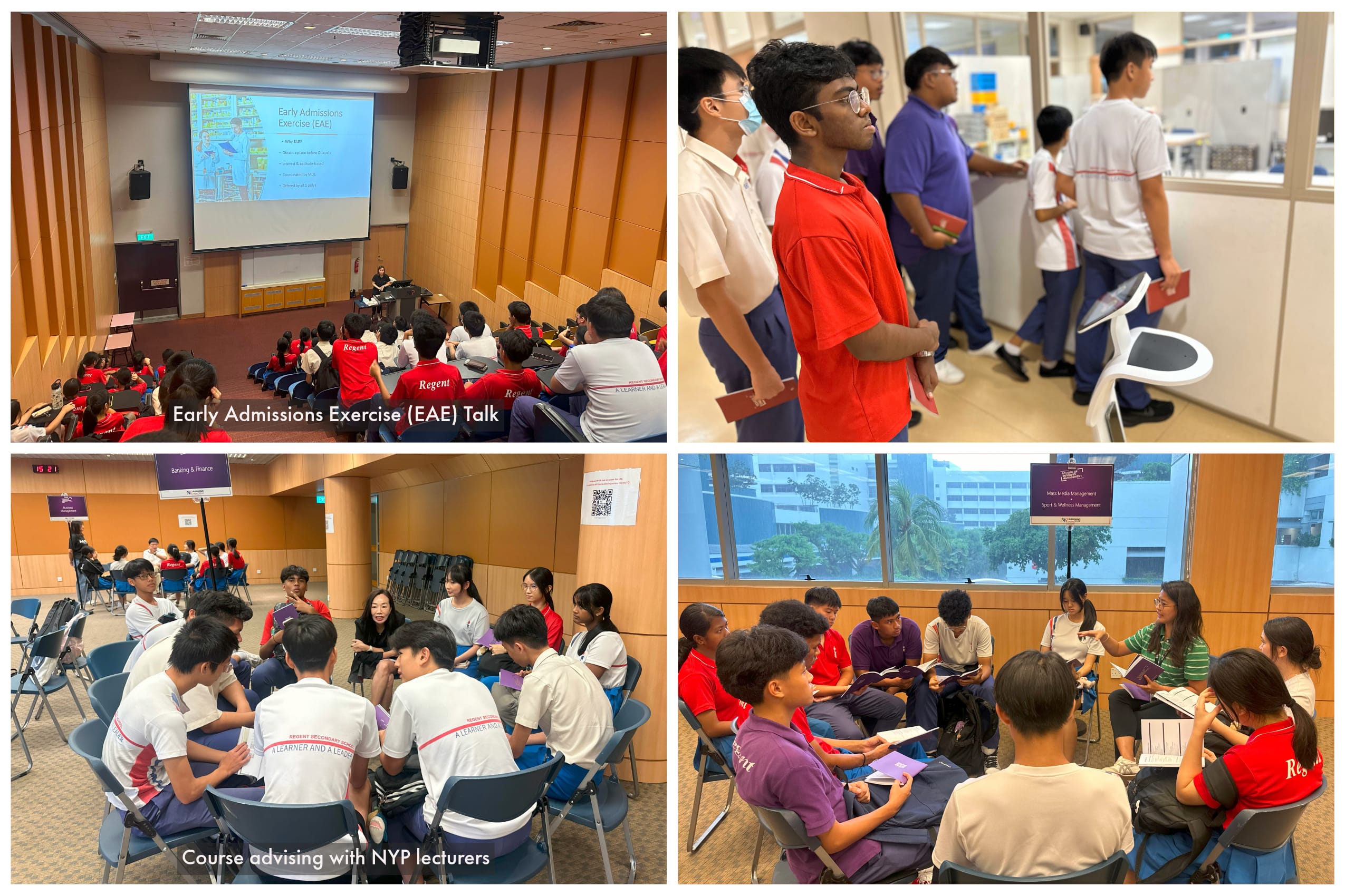Four photos of students: lecture hall talk, campus tour, and small-group course advising sessions.