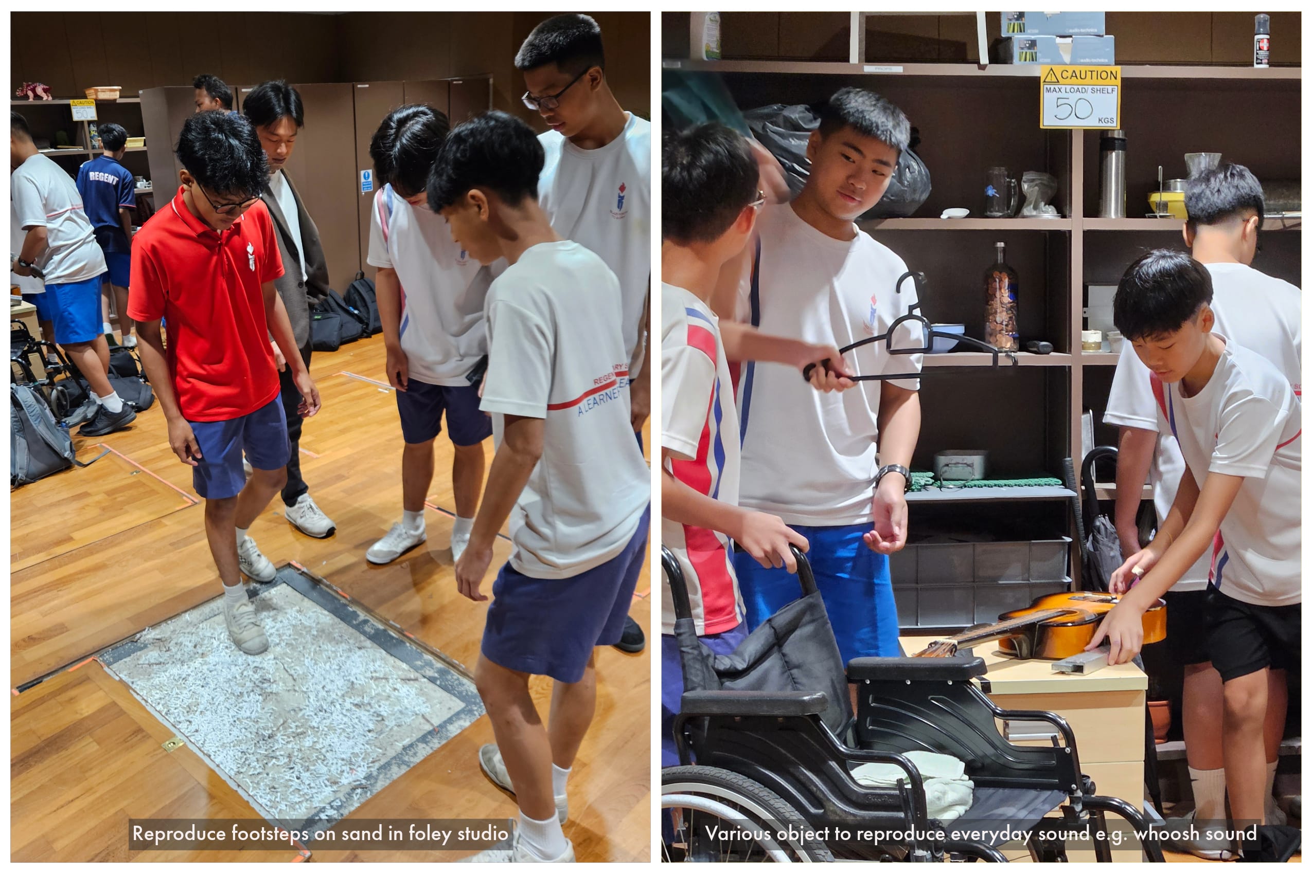Students in a studio make sound effects: footsteps on sand and handling props near a wheelchair and shelves.