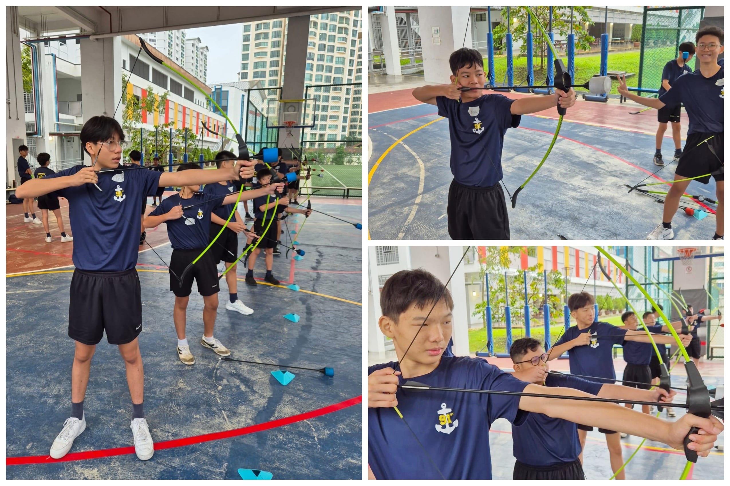 Students in navy uniforms practice archery with recurve bows on an outdoor school court.
