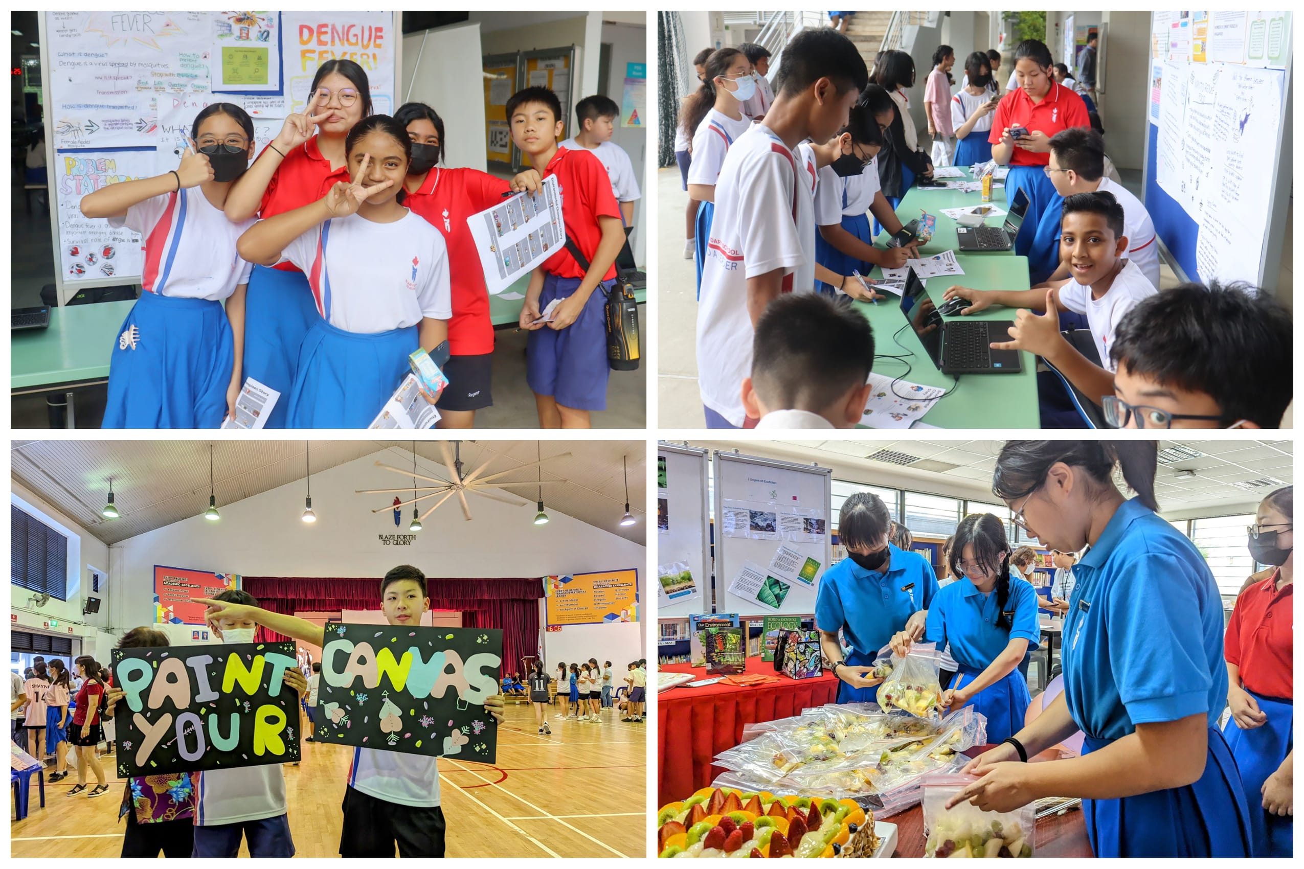 Collage of students at a school fair: posing by posters, working at tables, holding signs, and packing snacks.