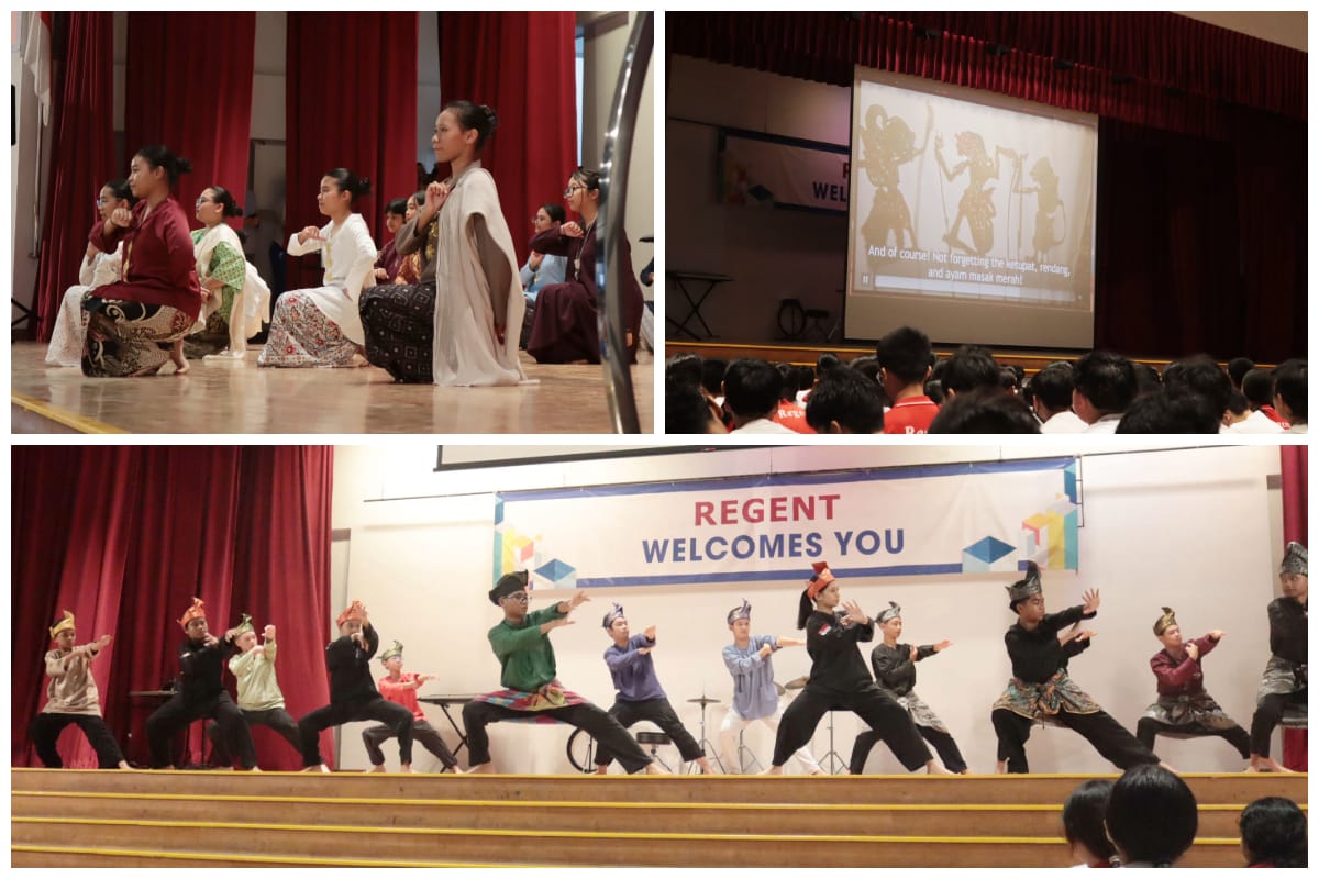 Students perform traditional dances on stage at a Regent Welcomes You event, with an audience watching a shadow puppet screen.