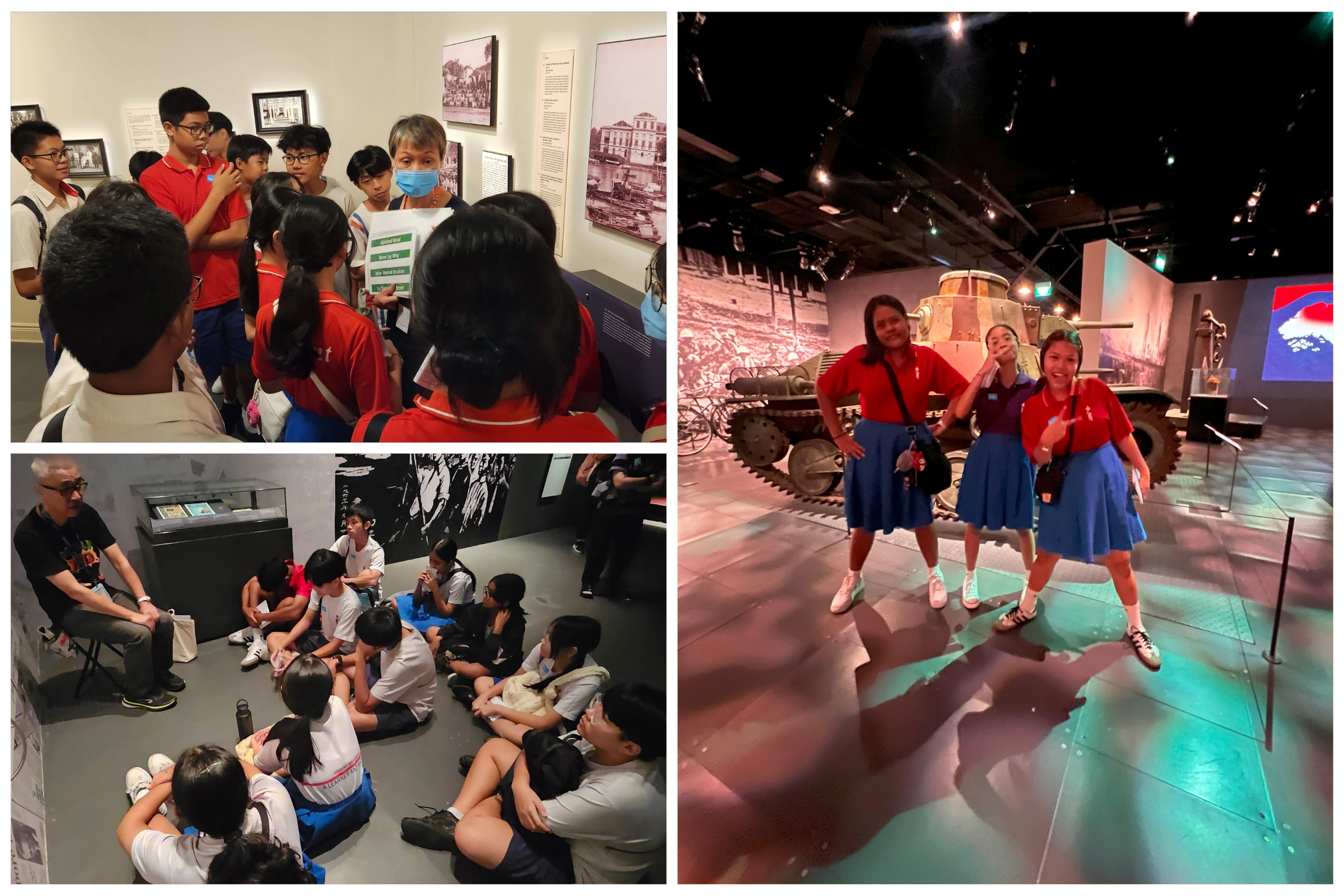 Three scenes of students on a museum field trip, including a guided tour, seated group, and two girls posing near a tank exhibit.