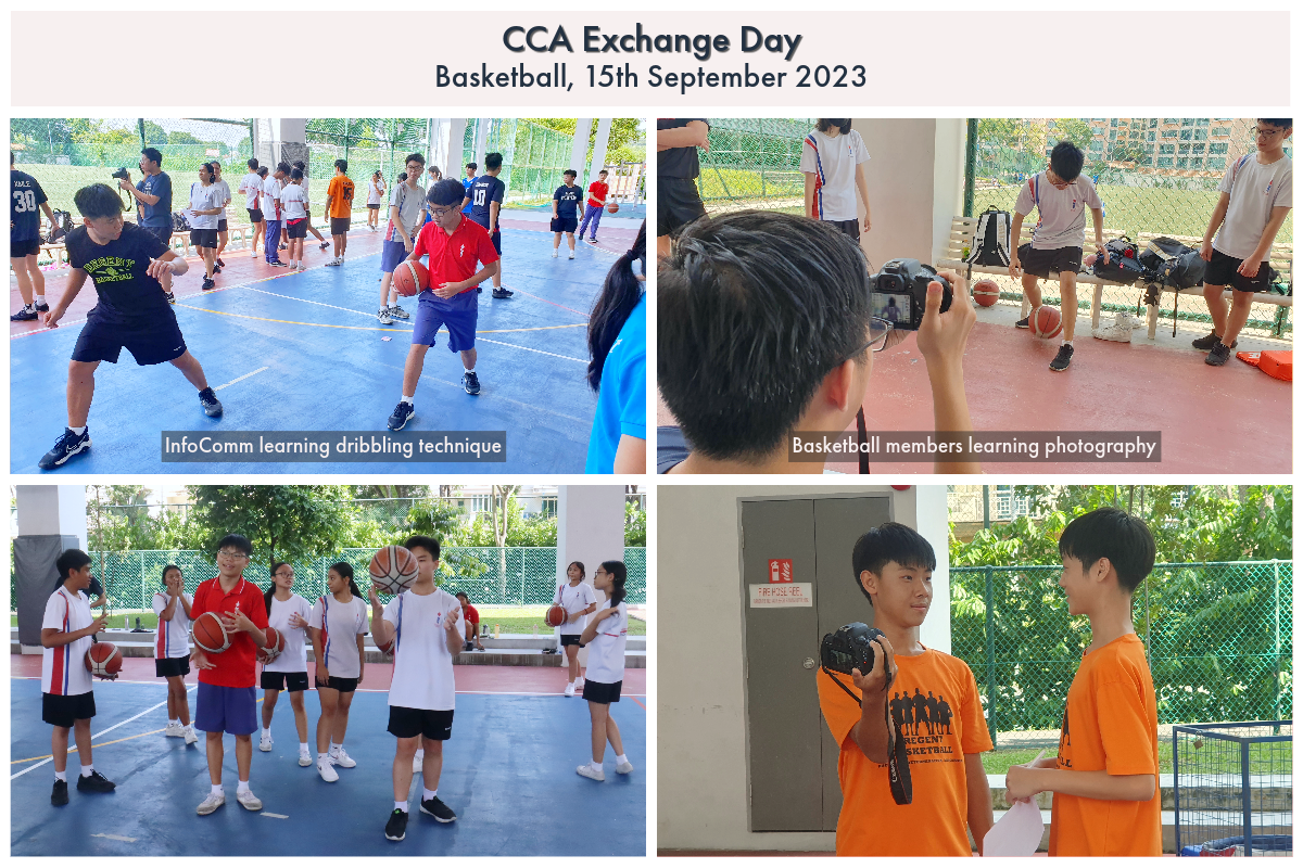Four photos from CCA Exchange Day on September 15, 2023, showing students practicing basketball dribbling and learning photography.