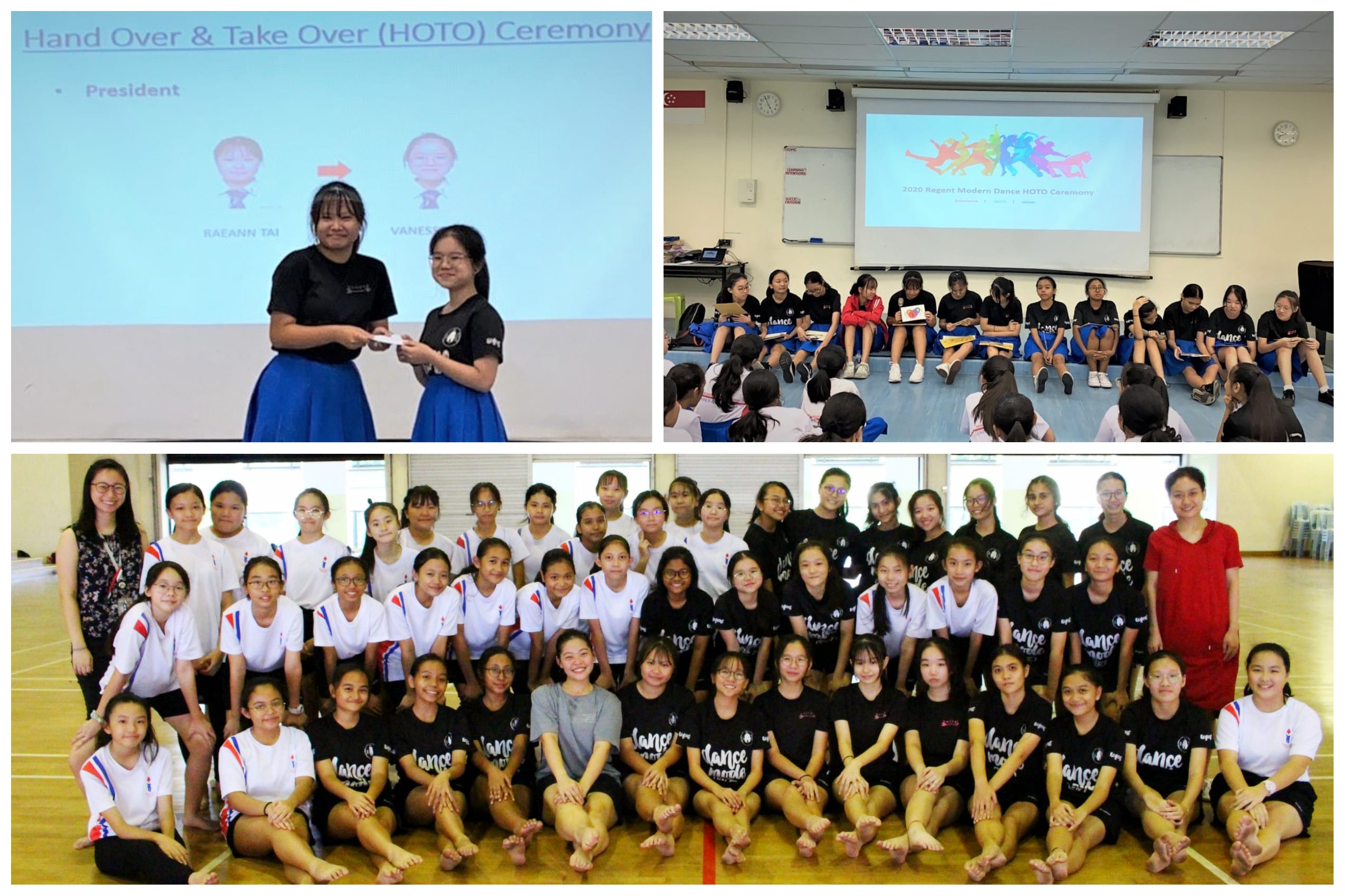 Three-photo collage of a school dance club HOTO ceremony, showing a handover, a group meeting, and a large group photo.