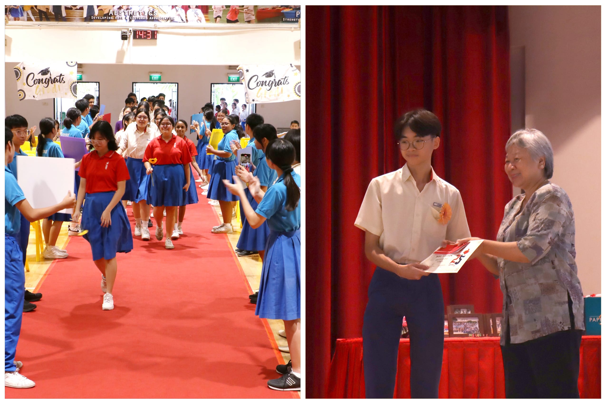 Students in uniforms walk a red carpet as classmates cheer; a student receives a certificate onstage.