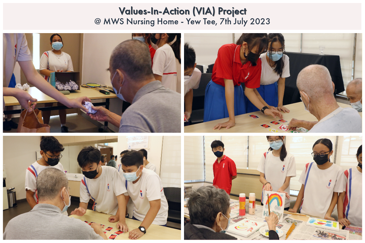 Students in school uniforms interact with elderly residents at MWS Nursing Home during a Values-In-Action project on 7th July 2023.
