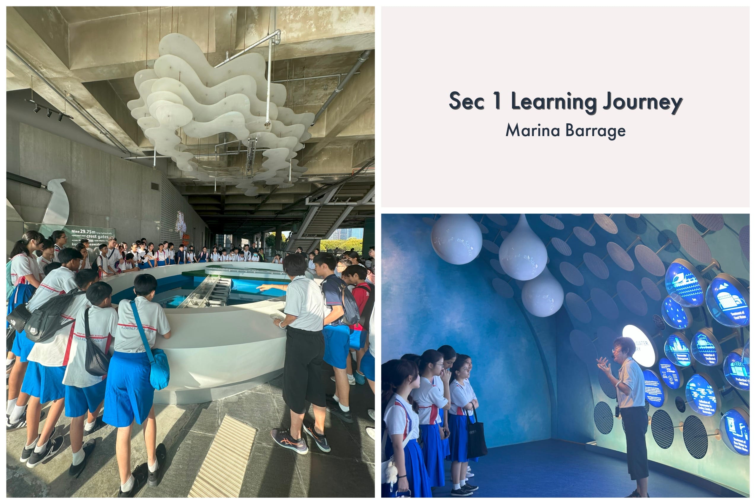 Students in school uniforms explore exhibits at Marina Barrage during a Sec 1 Learning Journey field trip.