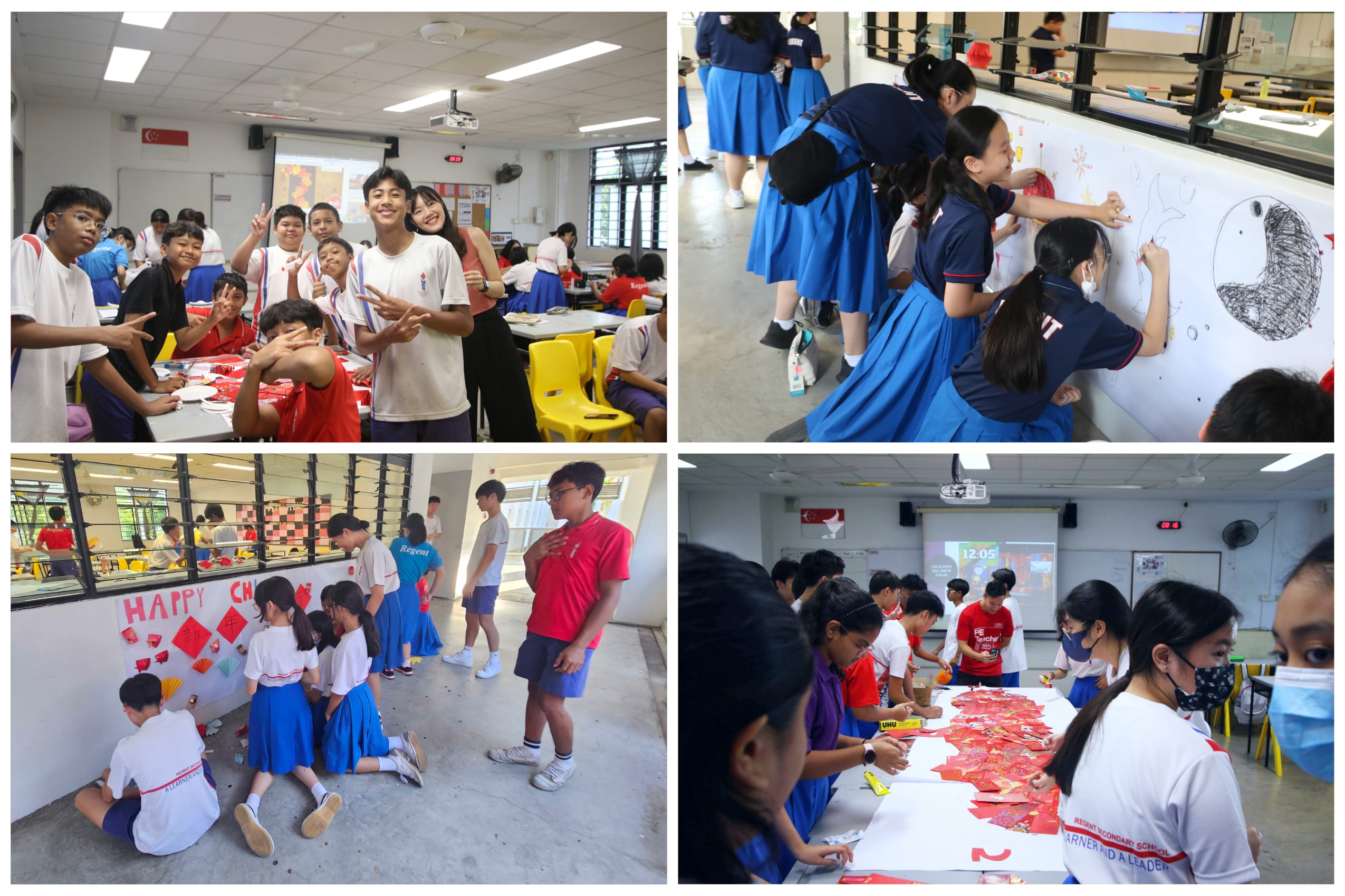 Four photos of students in uniforms decorating walls and working at tables in a classroom.
