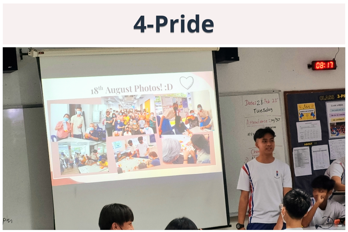 A student presents in a classroom beside a projected slideshow titled 18th August Photos, labeled 4-Pride above.