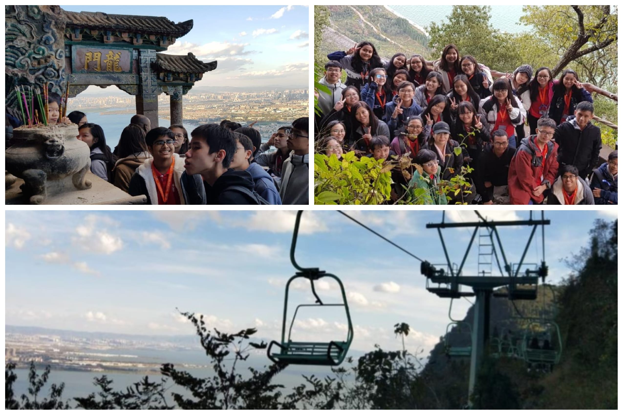 Students pose near a Chinese temple gate and on a hillside, with an empty chairlift over a mountain valley below.