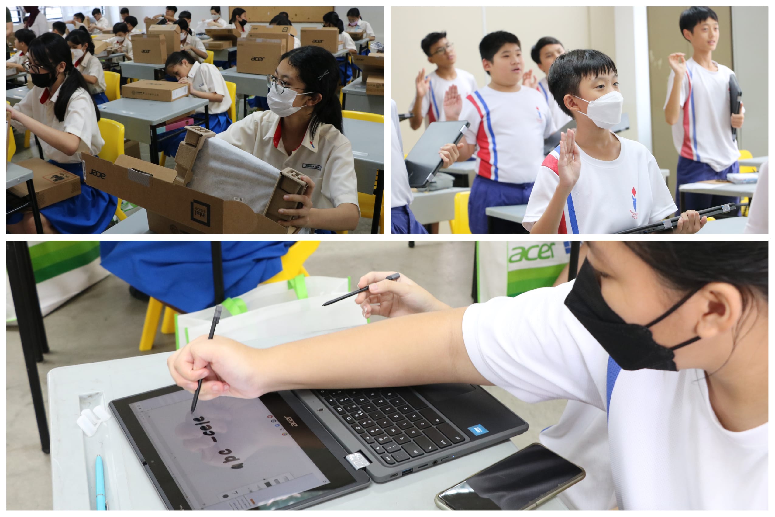 Students in uniforms unbox Acer laptops, raise hands holding devices, and use a stylus on a touchscreen laptop.