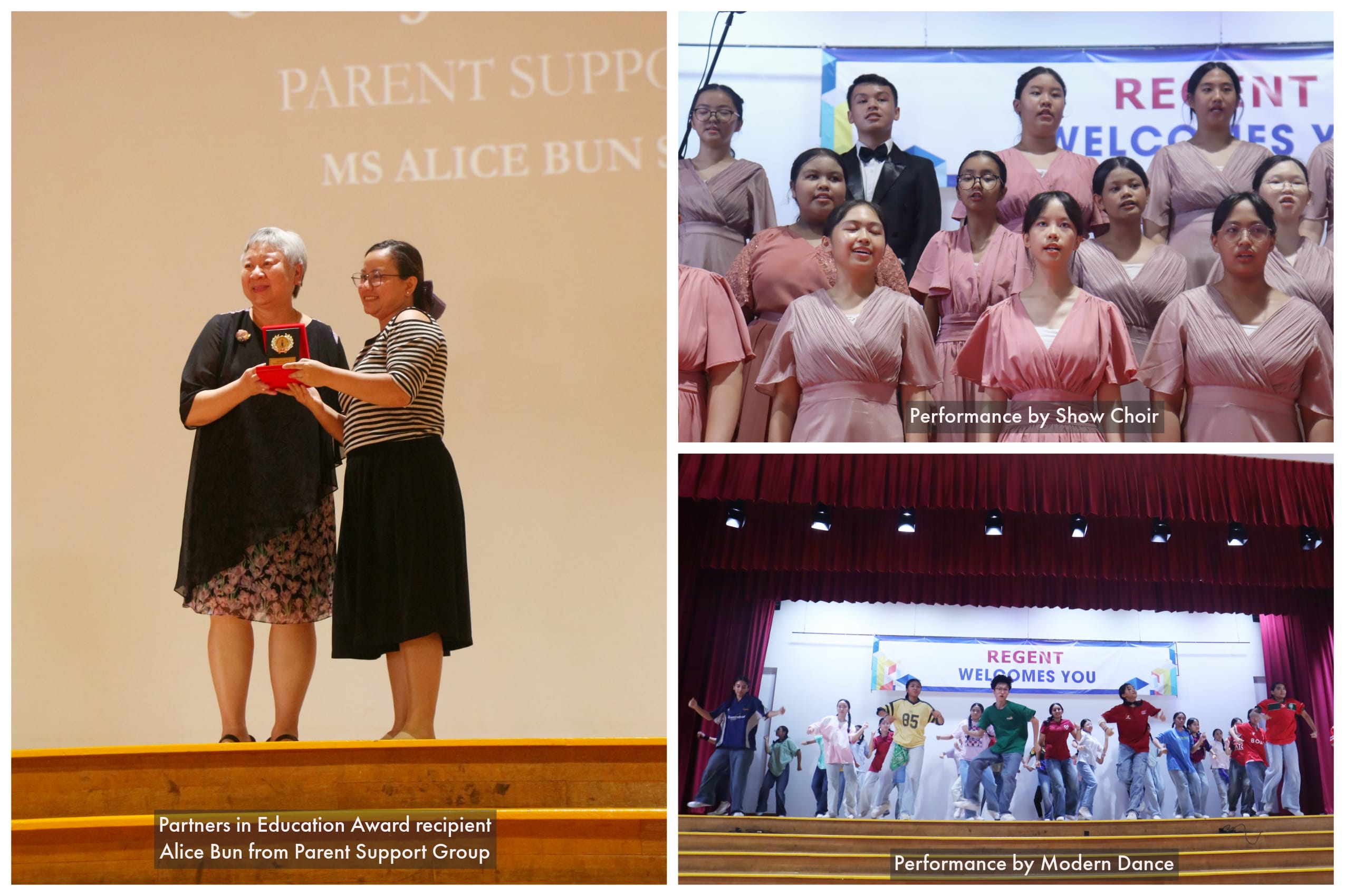 Three photos: award given on stage; choir in pink dresses singing; group dancing under a welcome banner.