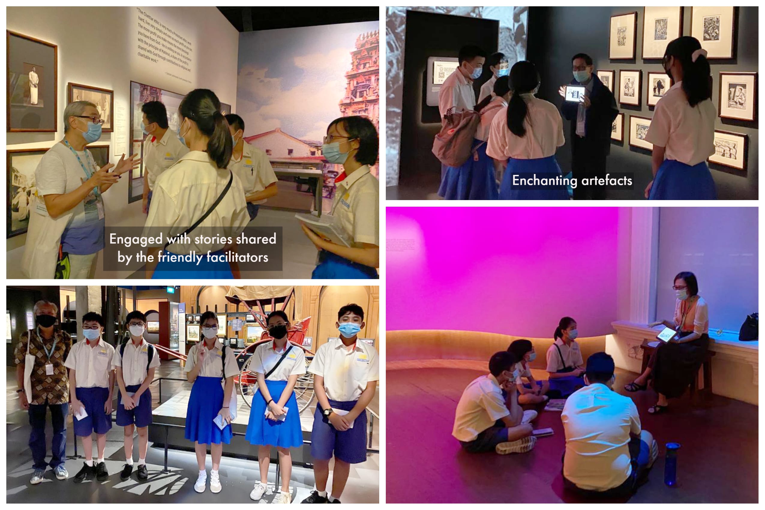 Four scenes of masked school students on a museum tour, listening to guides and sitting in a pink-lit room.