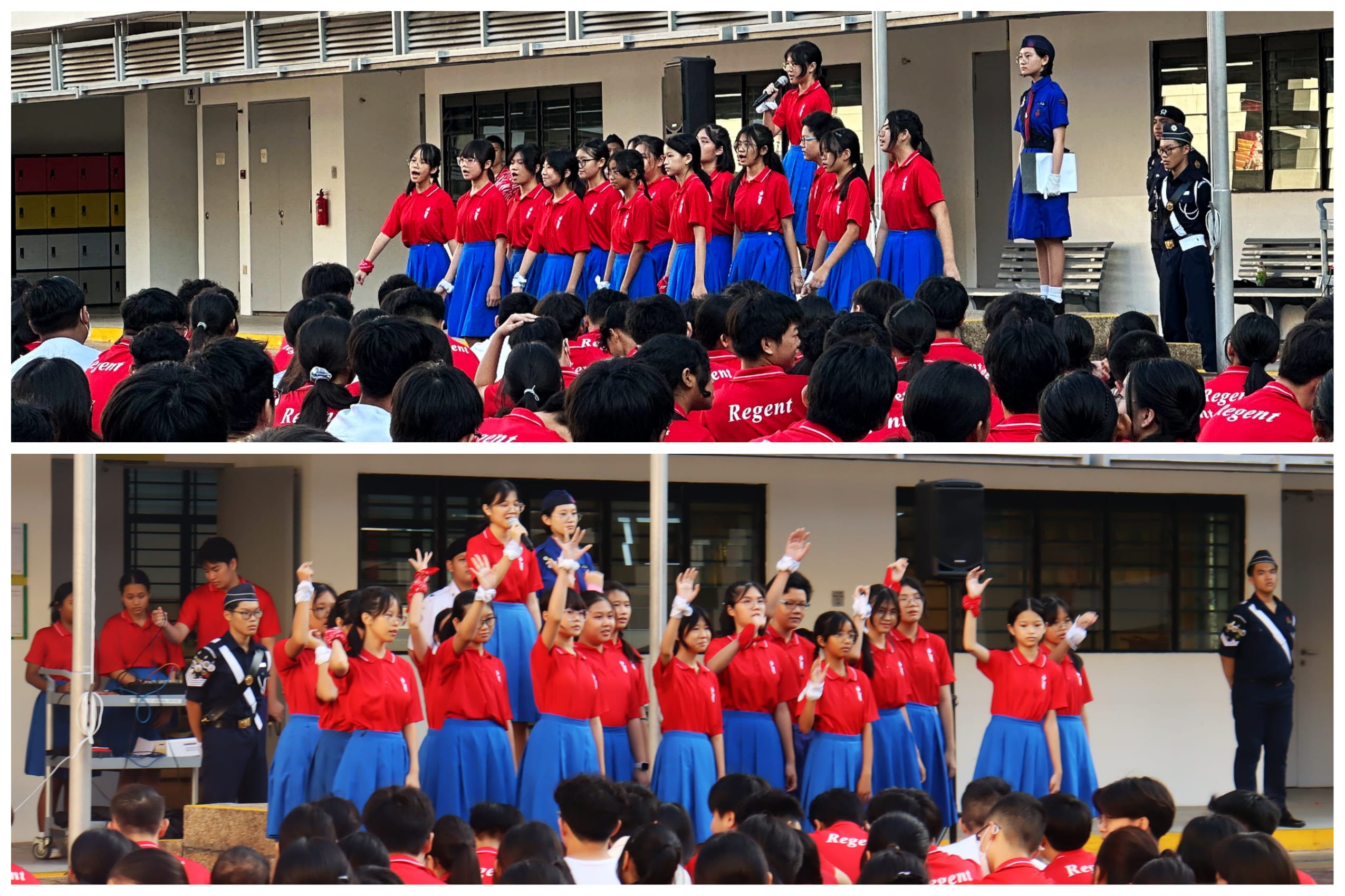 Two photos of students in red shirts and blue skirts performing on stage before a seated crowd.