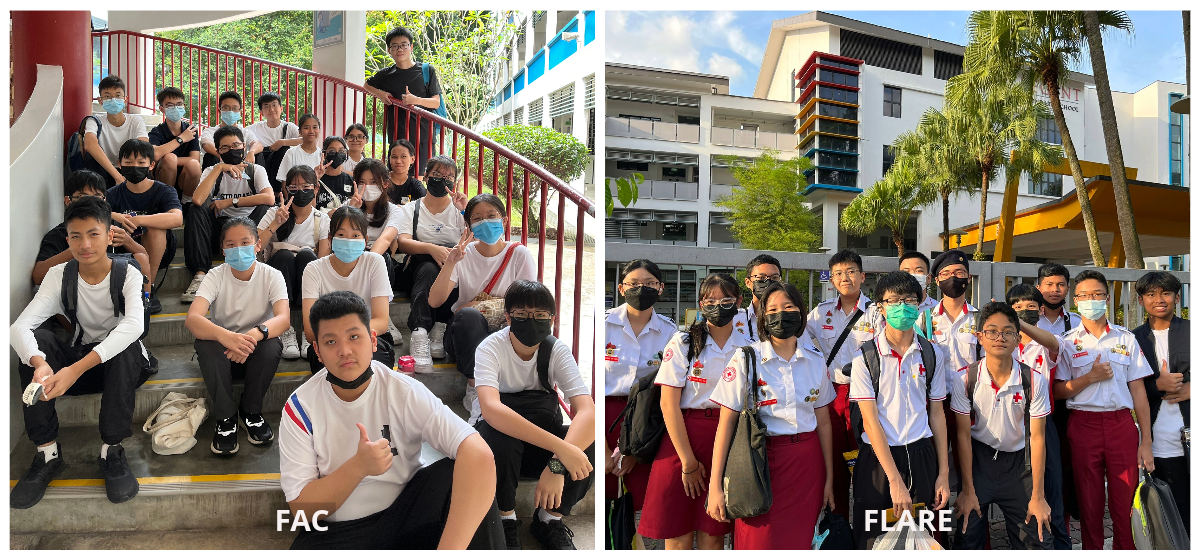 Two group photos of masked students: FAC group on stairs, FLARE group in uniforms outside a school building.